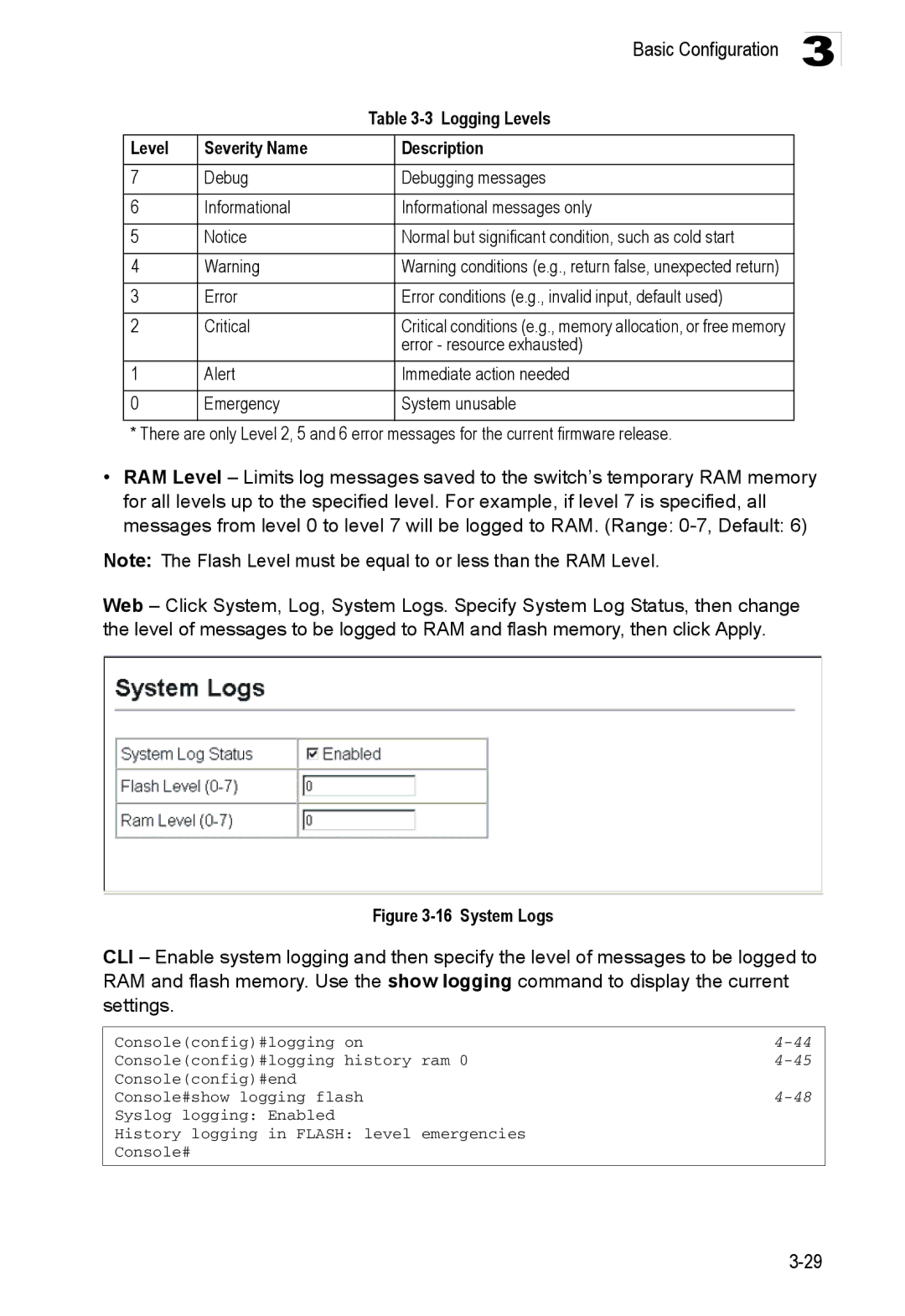 Accton Technology ES3552XA, ES3526XA manual Logging Levels, Level Severity Name Description 