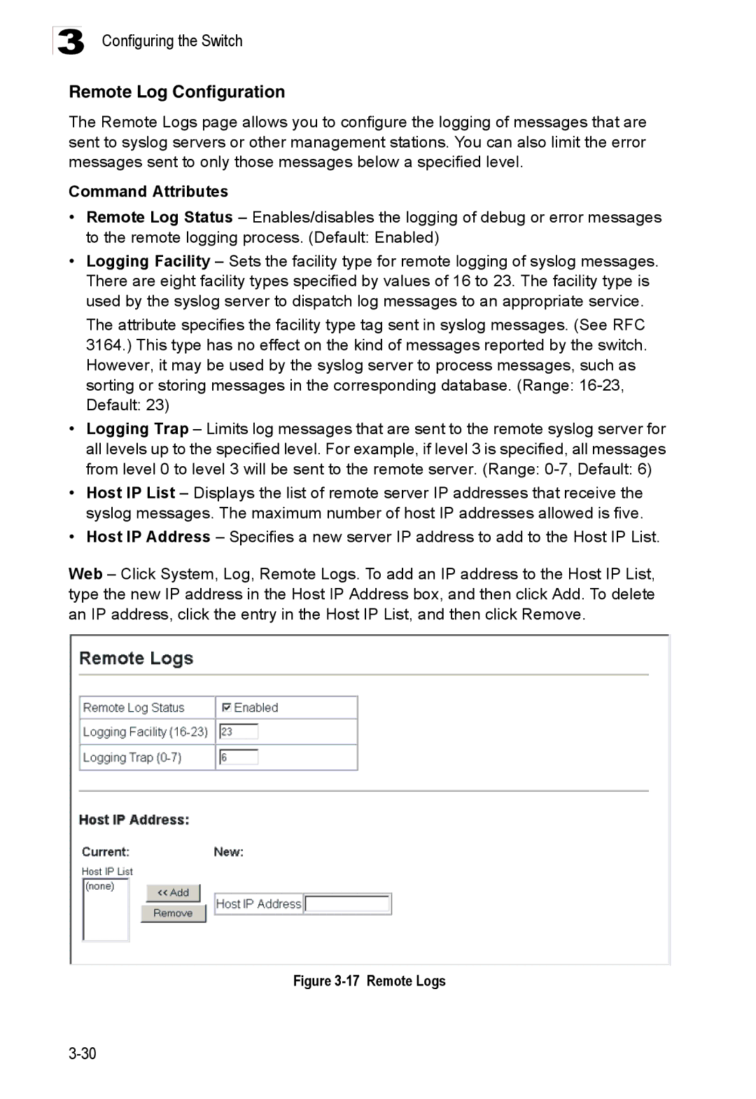 Accton Technology ES3526XA, ES3552XA manual Remote Log Configuration, Remote Logs 