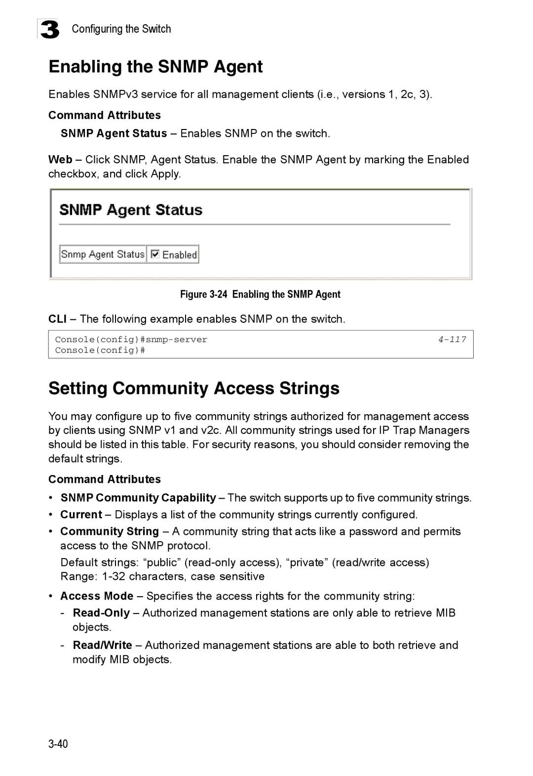 Accton Technology ES3526XA, ES3552XA manual Enabling the Snmp Agent, Setting Community Access Strings, 117 