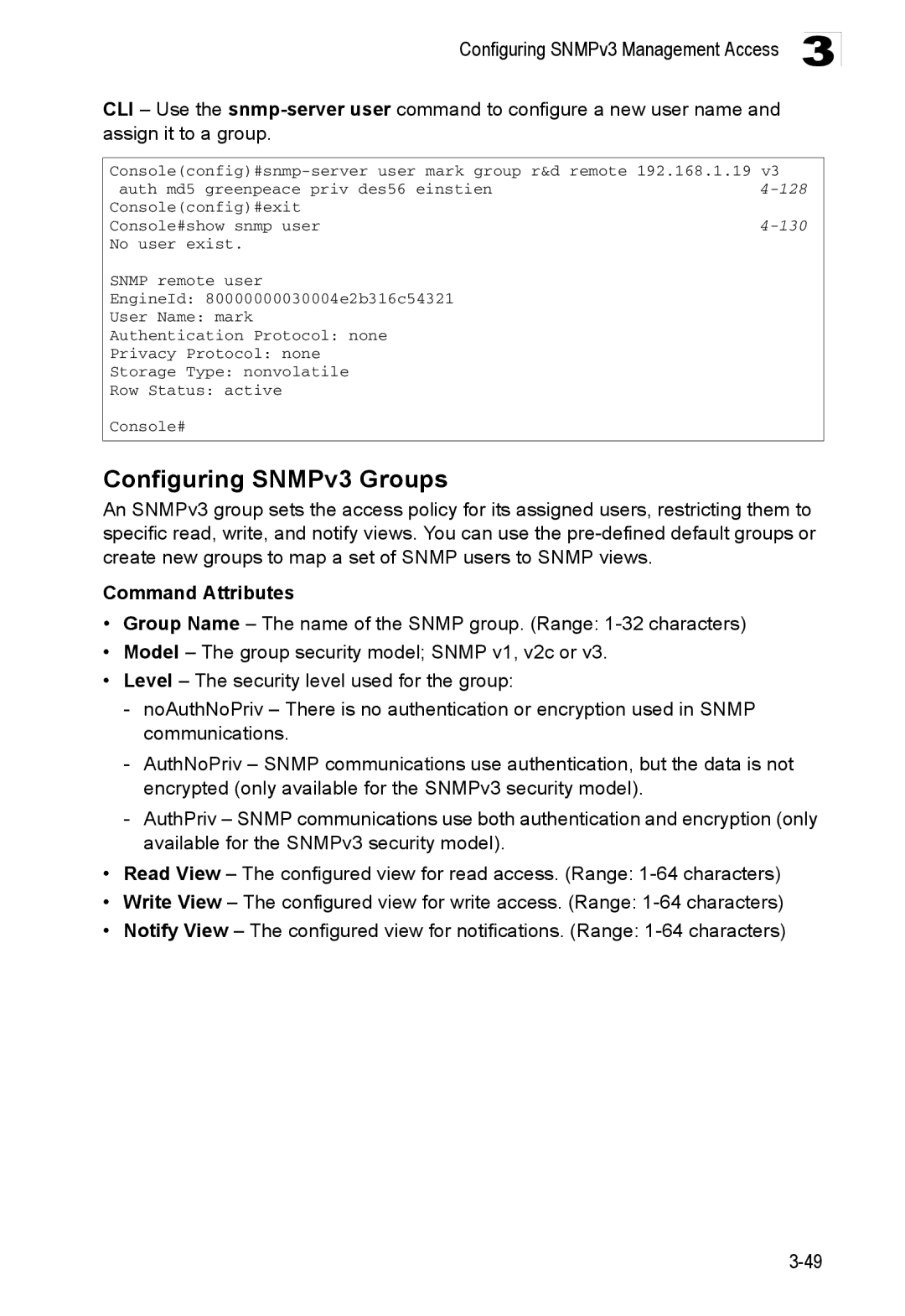 Accton Technology ES3552XA, ES3526XA manual Configuring SNMPv3 Groups 