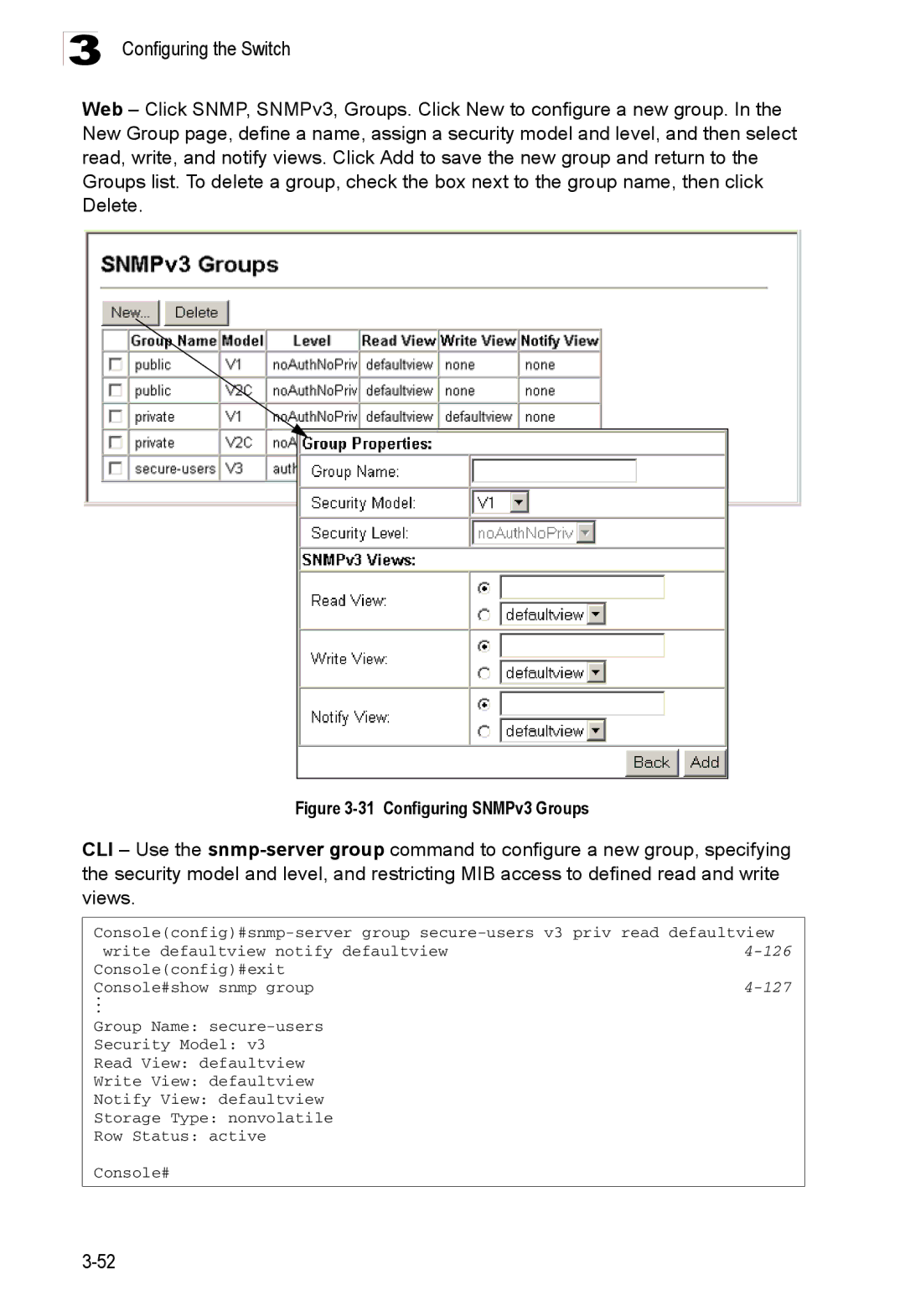 Accton Technology ES3526XA, ES3552XA manual Configuring SNMPv3 Groups, 127 