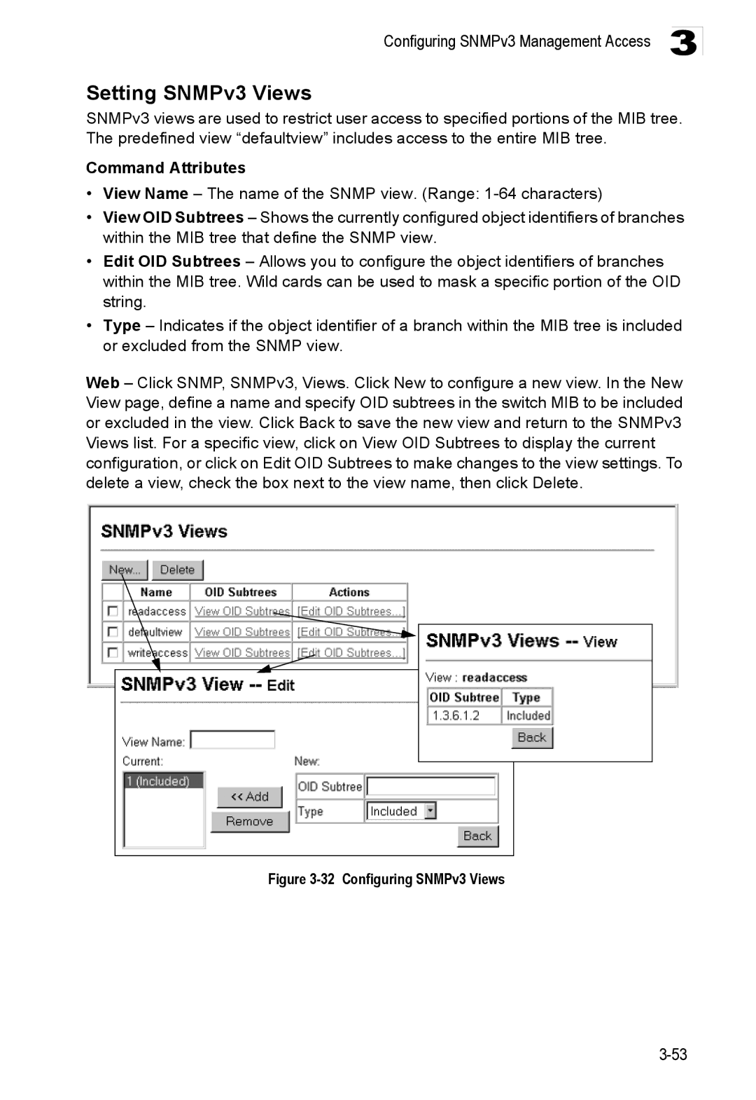 Accton Technology ES3552XA, ES3526XA manual Setting SNMPv3 Views, Configuring SNMPv3 Views 