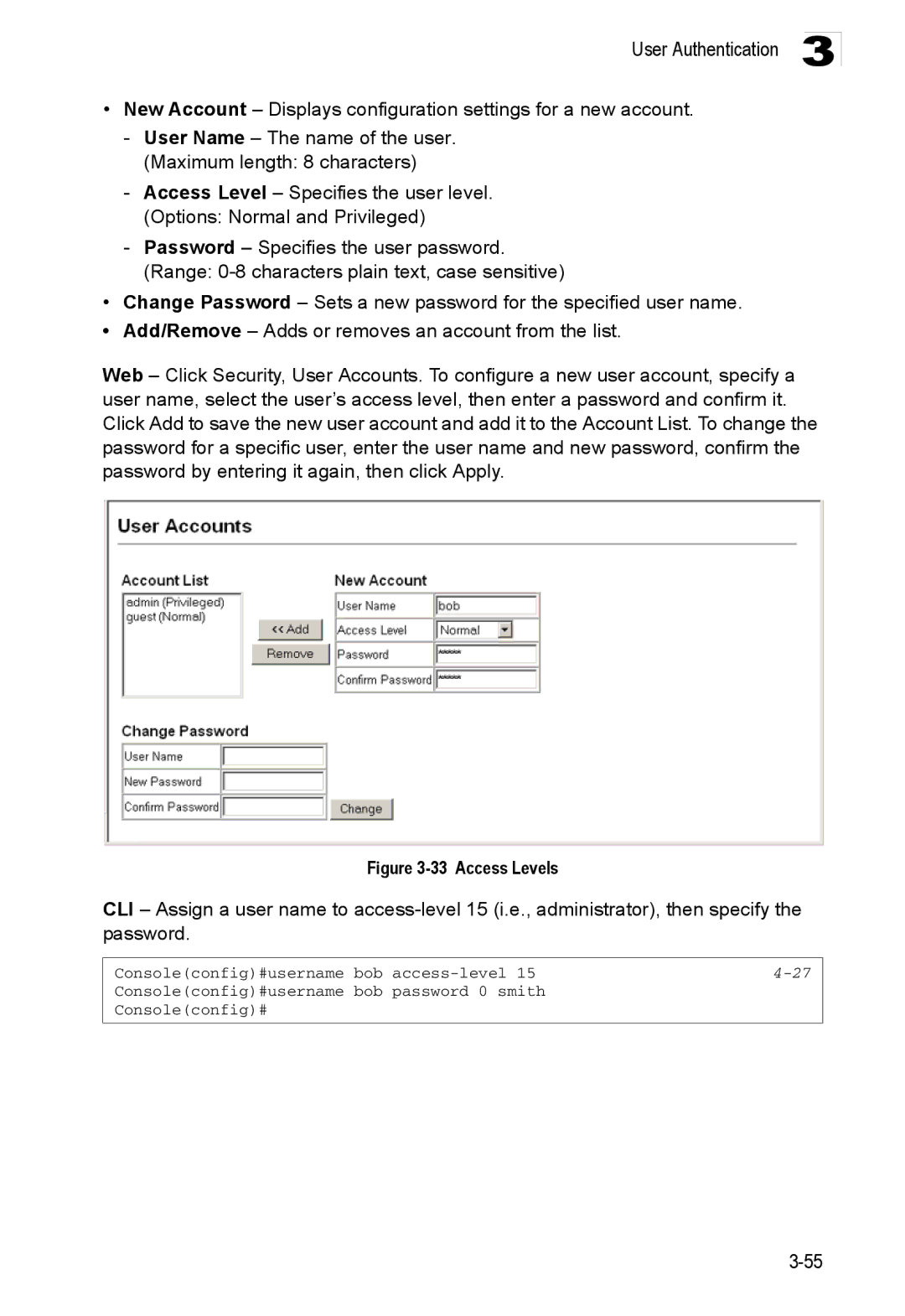 Accton Technology ES3552XA, ES3526XA manual Access Levels 