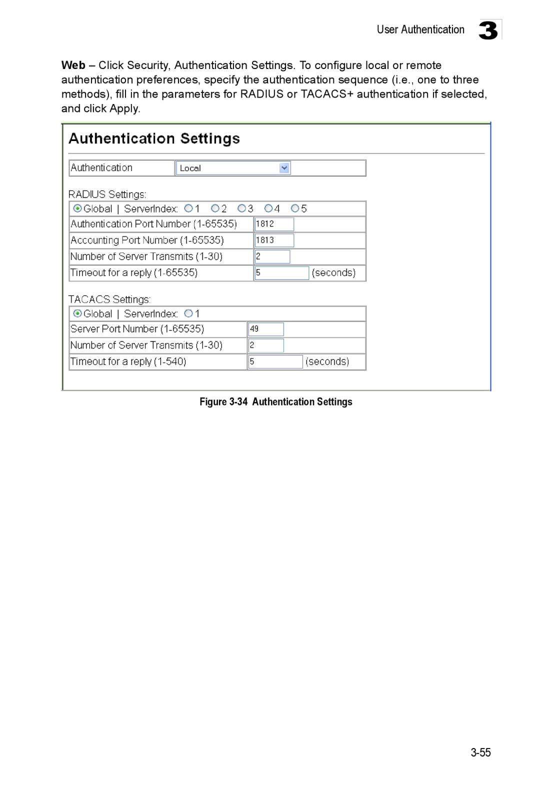 Accton Technology ES3528M-SFP manual Authentication Settings 