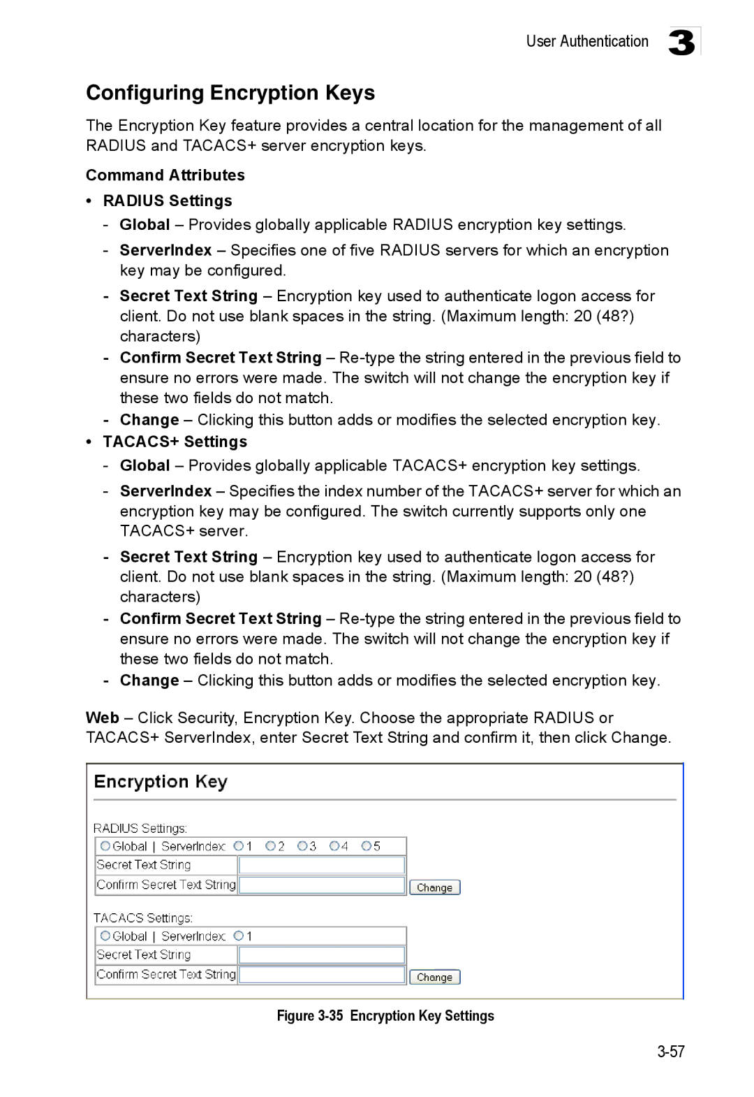 Accton Technology ES3528M-SFP manual Configuring Encryption Keys, Command Attributes Radius Settings, TACACS+ Settings 