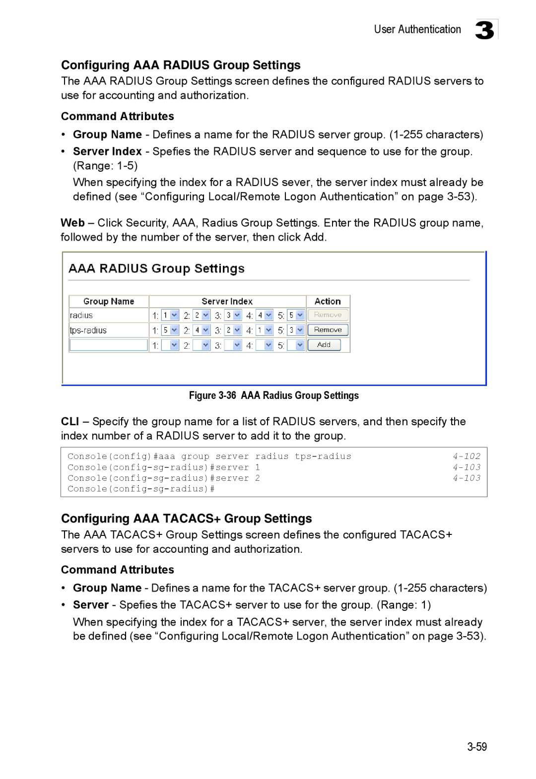 Accton Technology ES3528M-SFP Configuring AAA Radius Group Settings, Configuring AAA TACACS+ Group Settings, 102, 103 