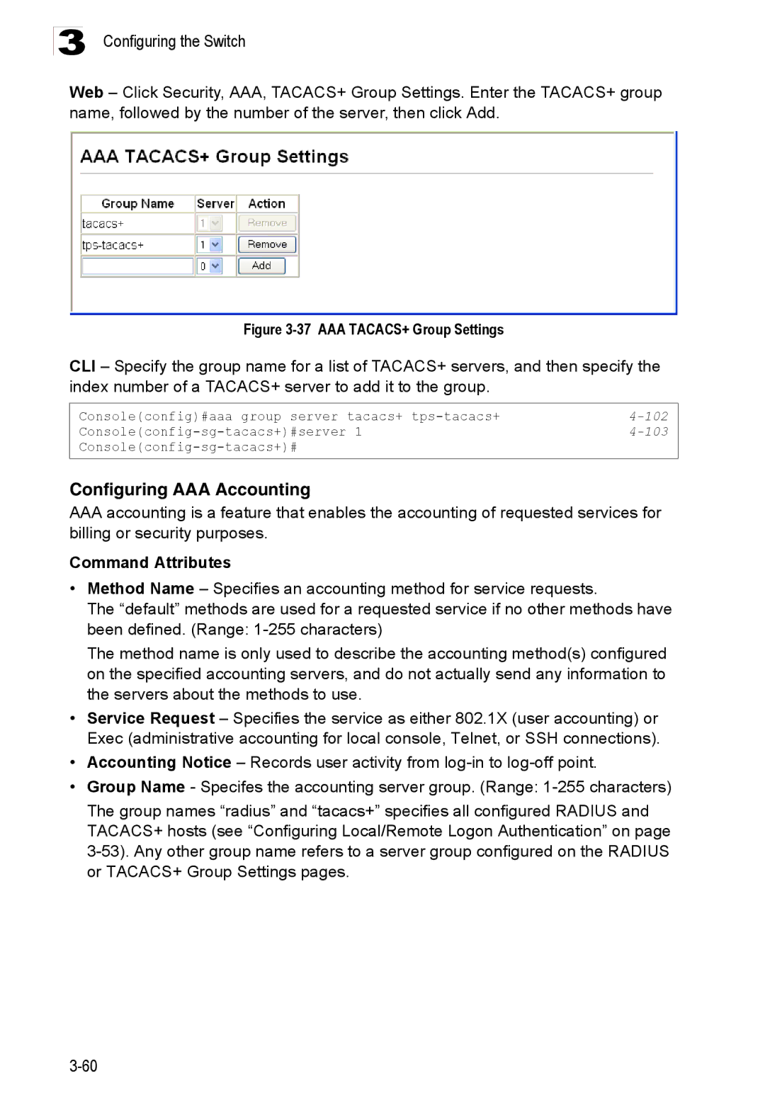 Accton Technology ES3528M-SFP manual Configuring AAA Accounting, AAA TACACS+ Group Settings 