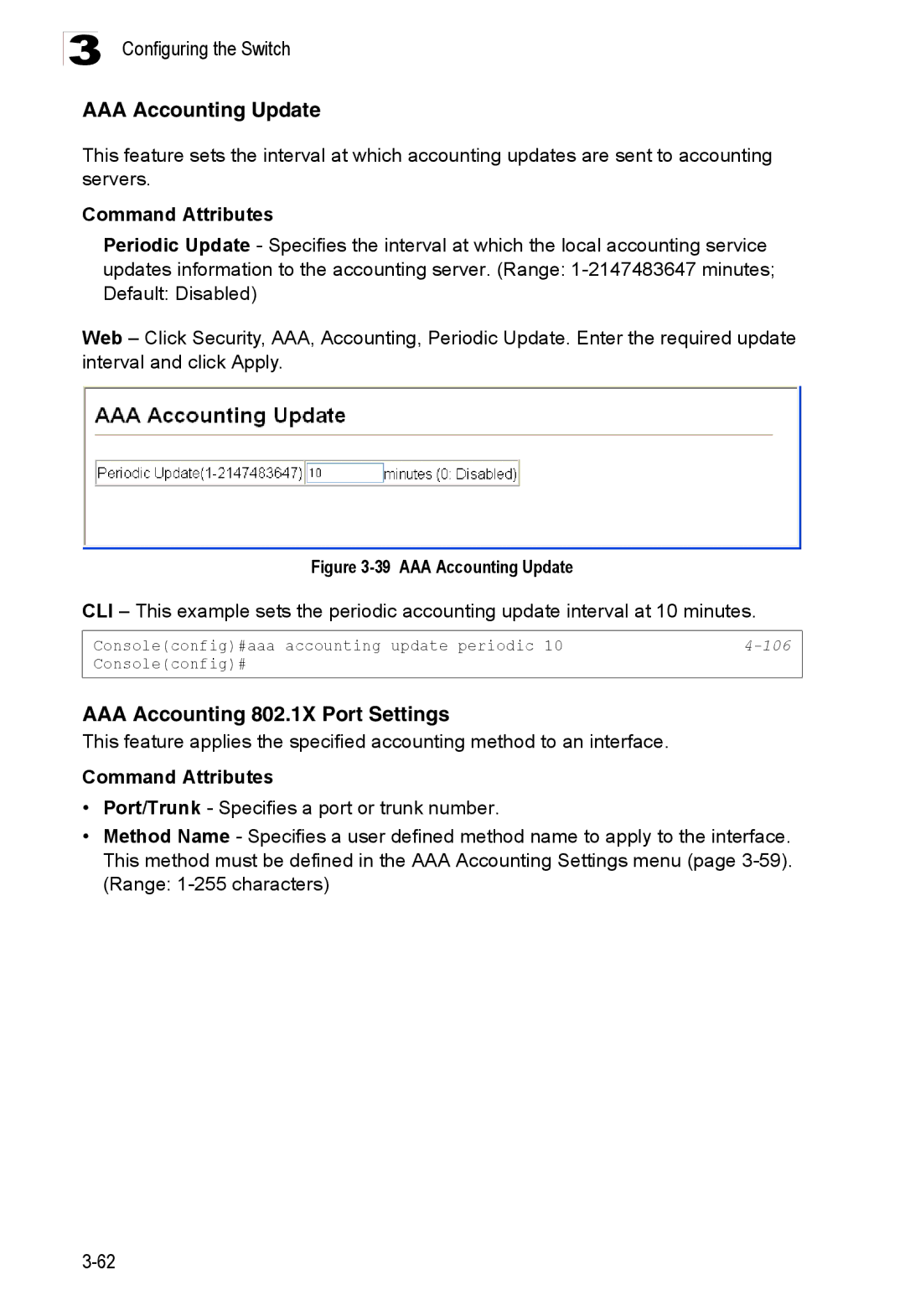 Accton Technology ES3528M-SFP manual AAA Accounting Update, AAA Accounting 802.1X Port Settings, 106 