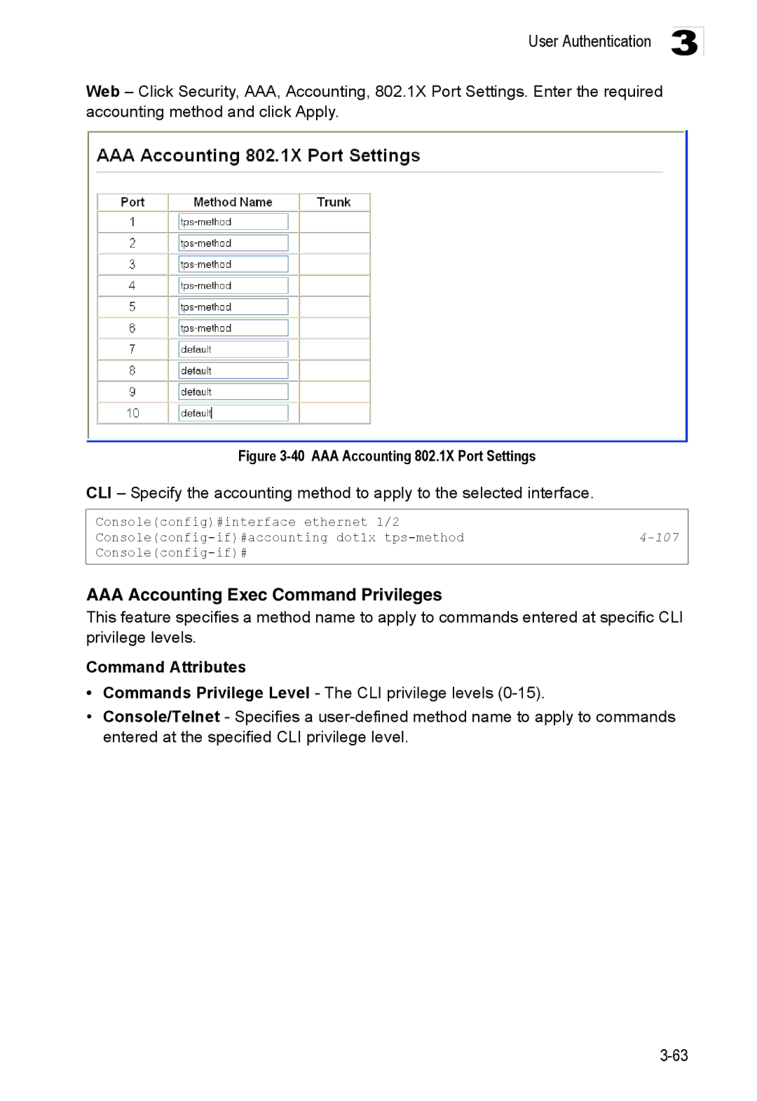 Accton Technology ES3528M-SFP manual AAA Accounting Exec Command Privileges, 107 