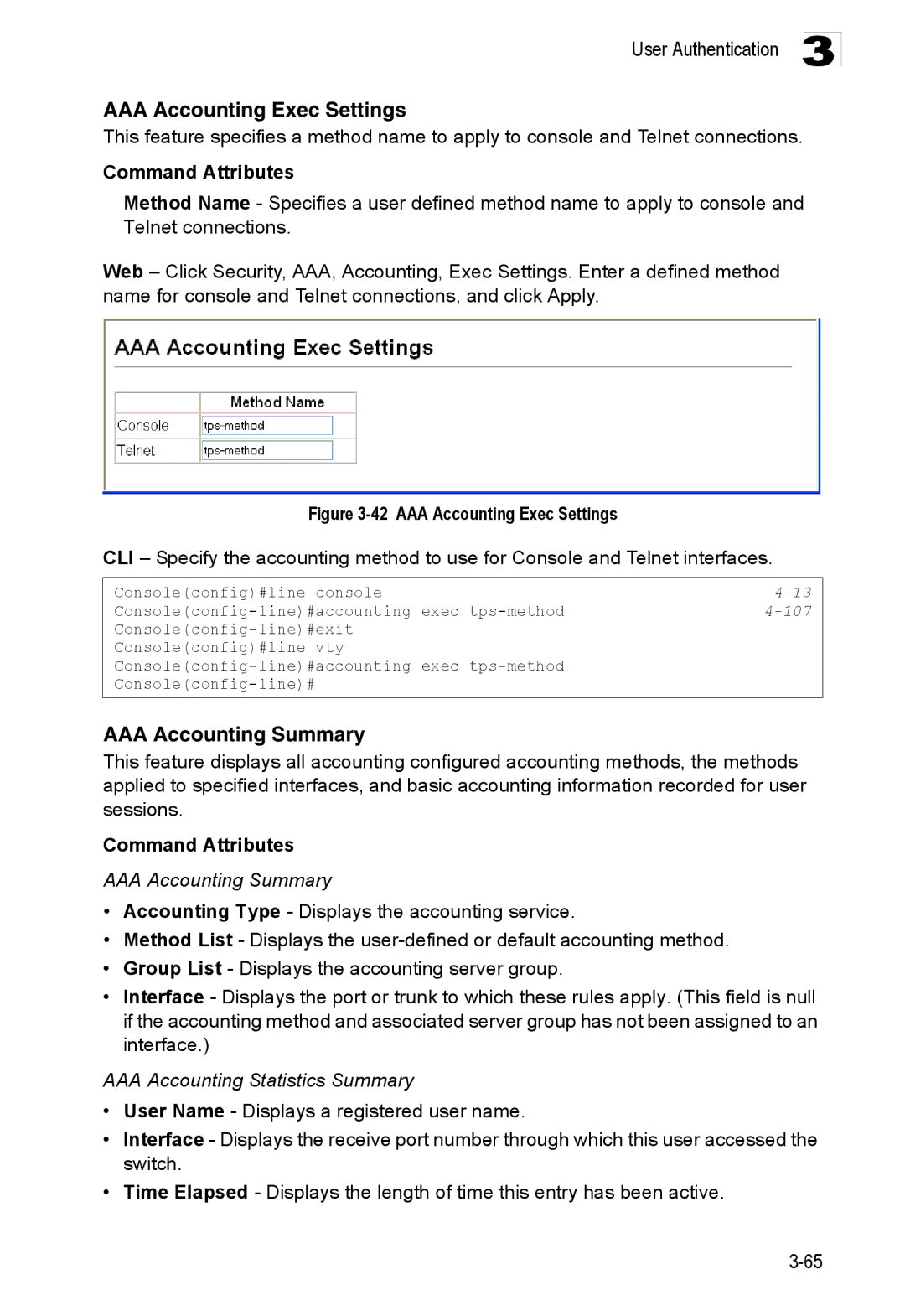 Accton Technology ES3528M-SFP AAA Accounting Exec Settings, AAA Accounting Summary, AAA Accounting Statistics Summary 