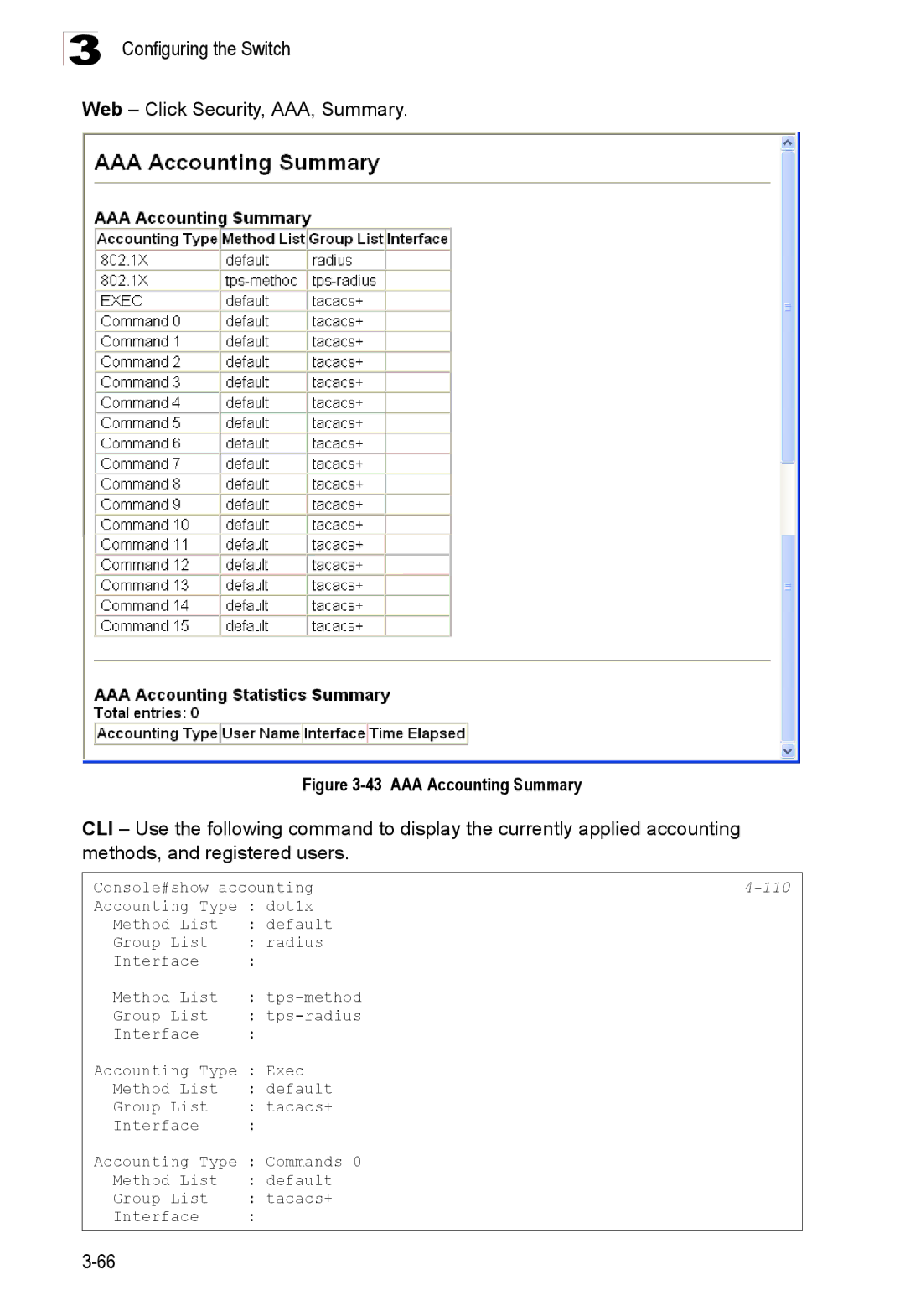 Accton Technology ES3528M-SFP manual Web Click Security, AAA, Summary, 110 