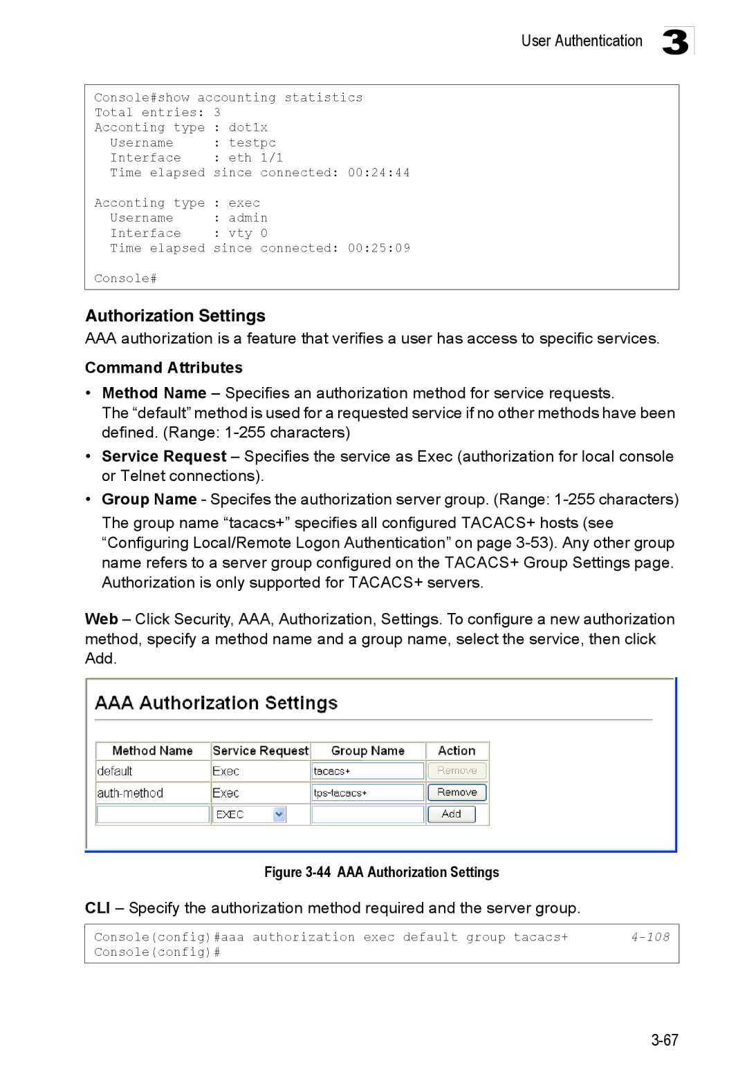 Accton Technology ES3528M-SFP manual AAA Authorization Settings 