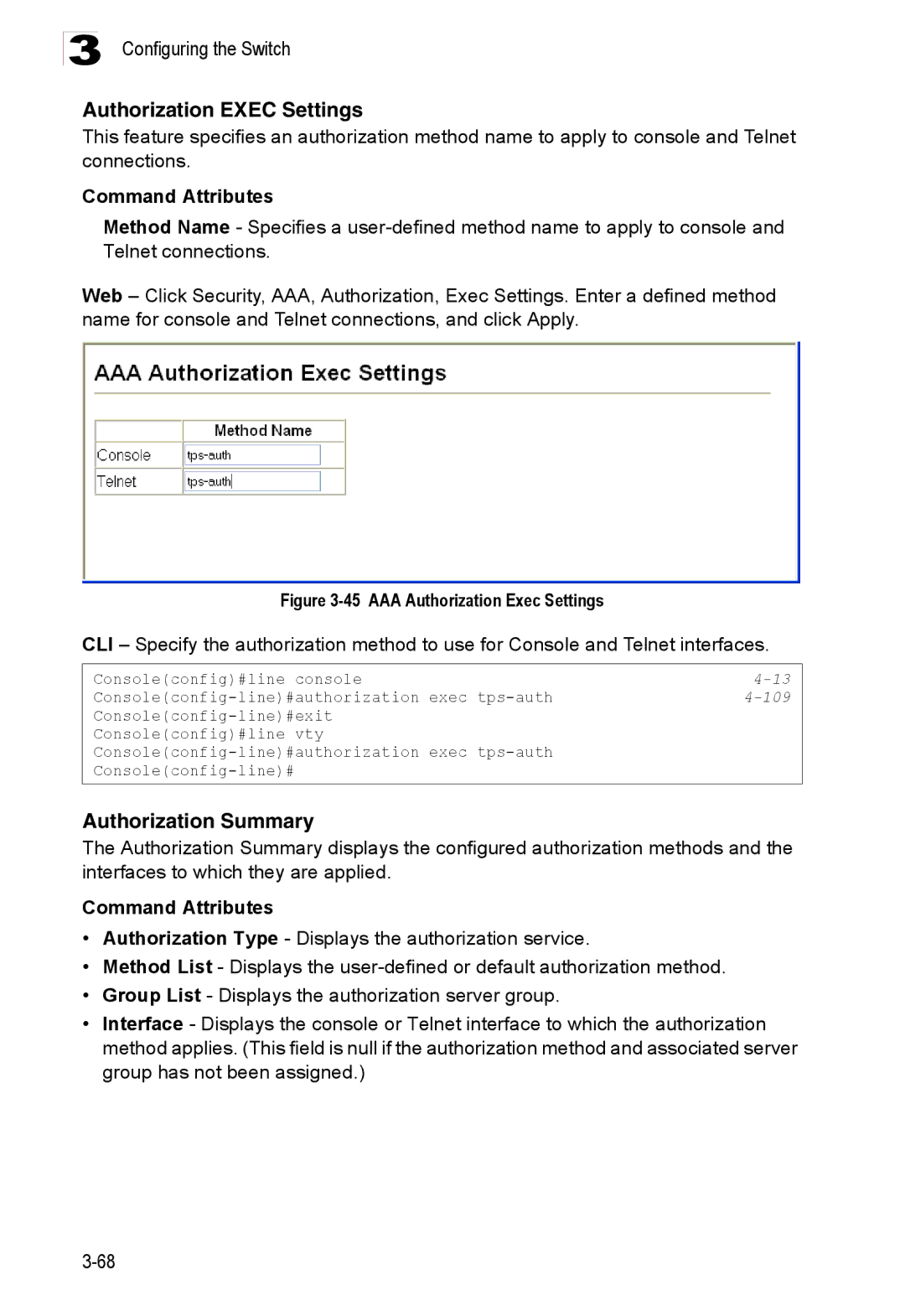 Accton Technology ES3528M-SFP manual Authorization Exec Settings, Authorization Summary, 109 