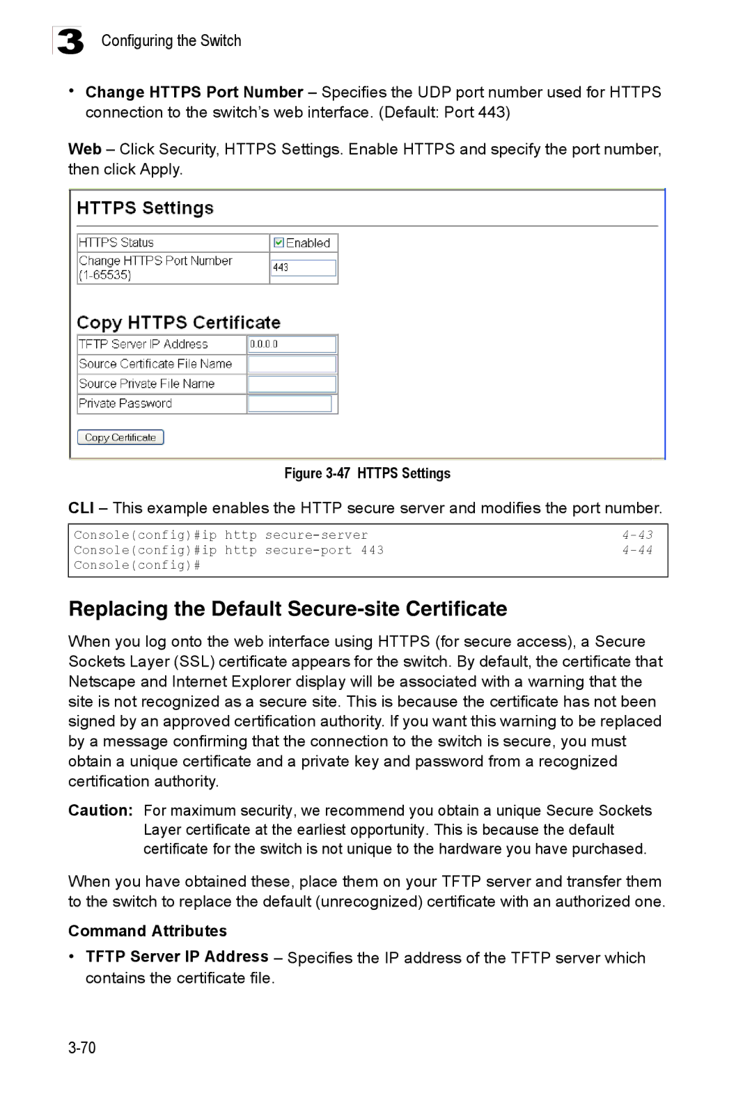 Accton Technology ES3528M-SFP manual Replacing the Default Secure-site Certificate, Https Settings 