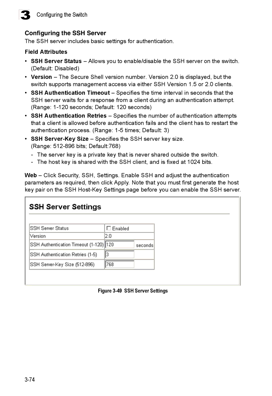 Accton Technology ES3528M-SFP manual Configuring the SSH Server, SSH server includes basic settings for authentication 