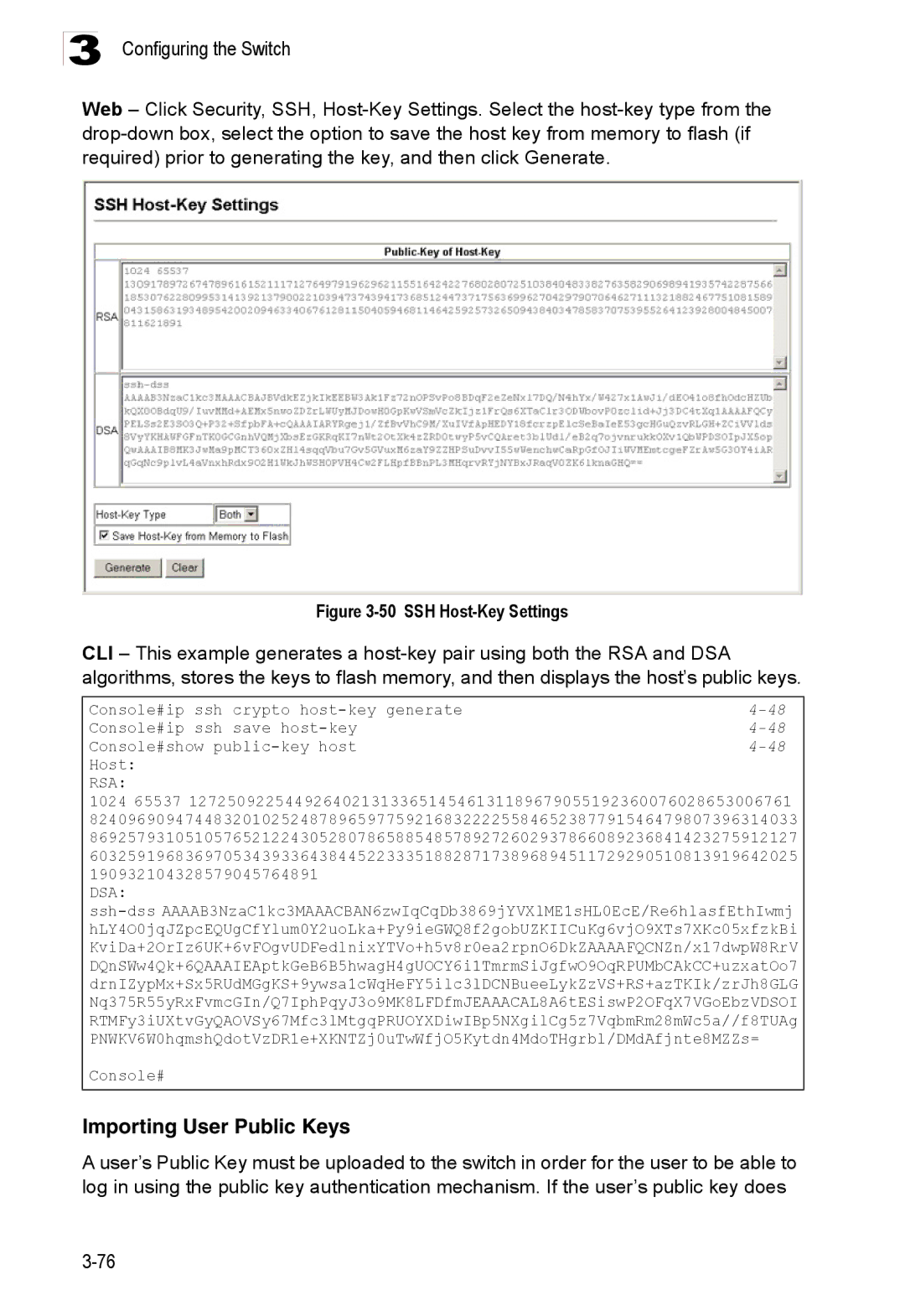 Accton Technology ES3528M-SFP manual Importing User Public Keys, SSH Host-Key Settings 