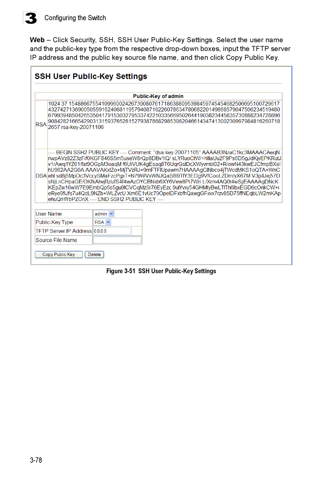 Accton Technology ES3528M-SFP manual SSH User Public-Key Settings 