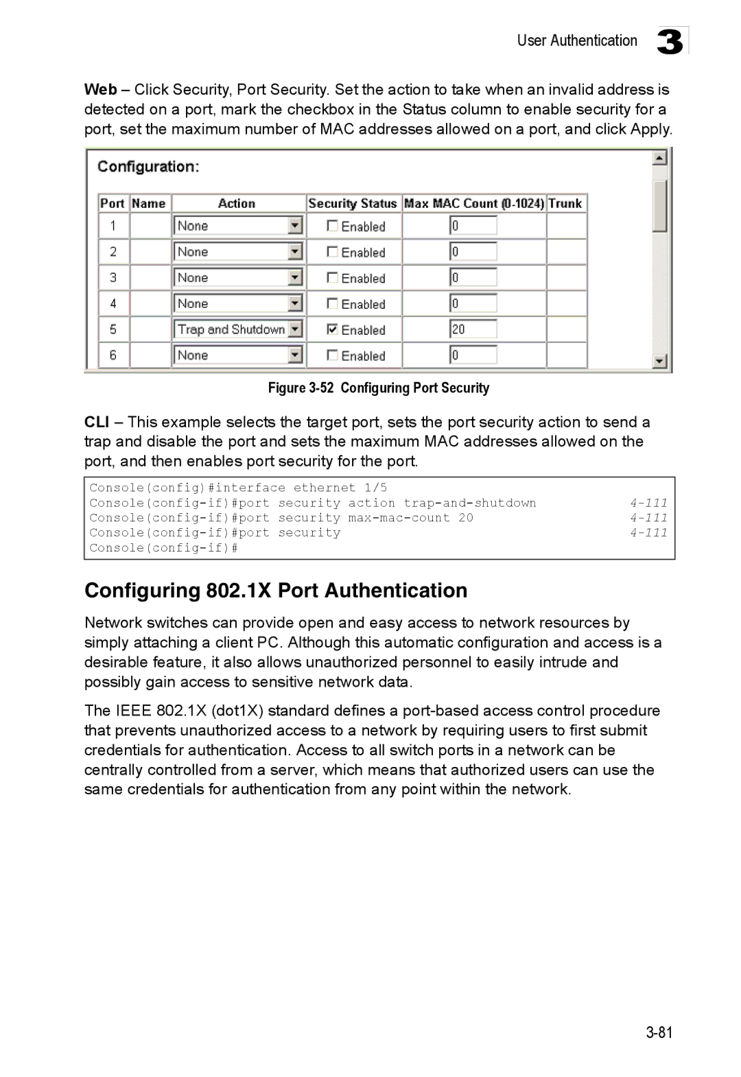 Accton Technology ES3528M-SFP manual Configuring 802.1X Port Authentication, 111 