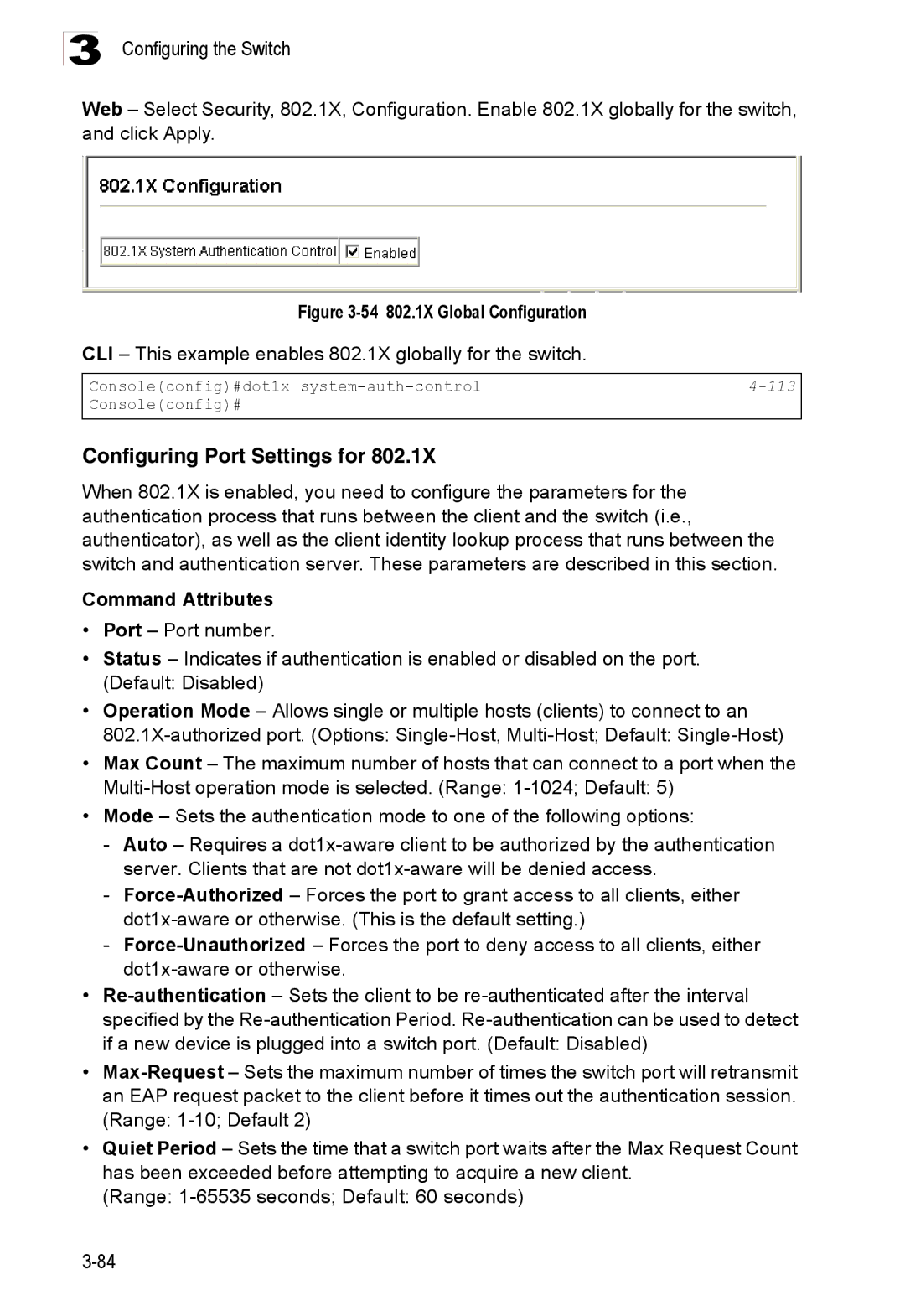 Accton Technology ES3528M-SFP Configuring Port Settings for, CLI This example enables 802.1X globally for the switch, 113 