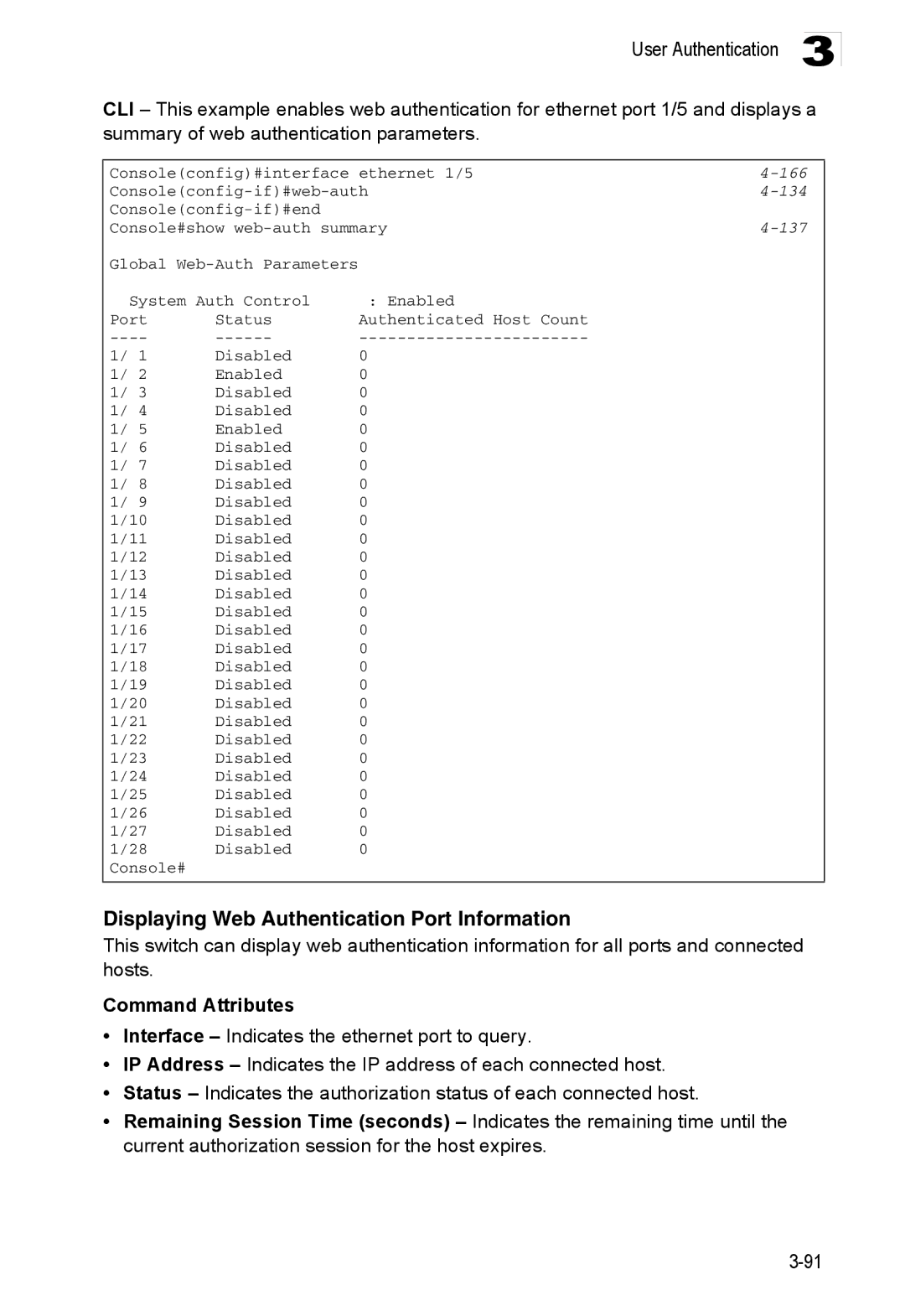 Accton Technology ES3528M-SFP manual Displaying Web Authentication Port Information, 137 