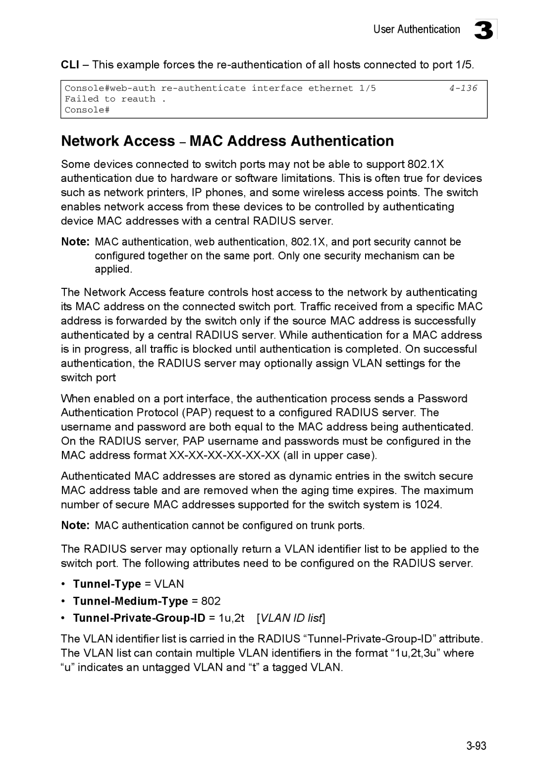 Accton Technology ES3528M-SFP manual Network Access MAC Address Authentication, 136 