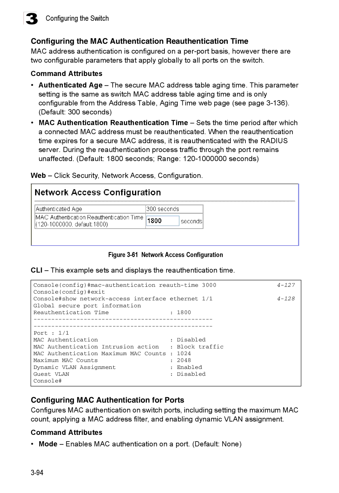 Accton Technology ES3528M-SFP manual Configuring the MAC Authentication Reauthentication Time, 128 