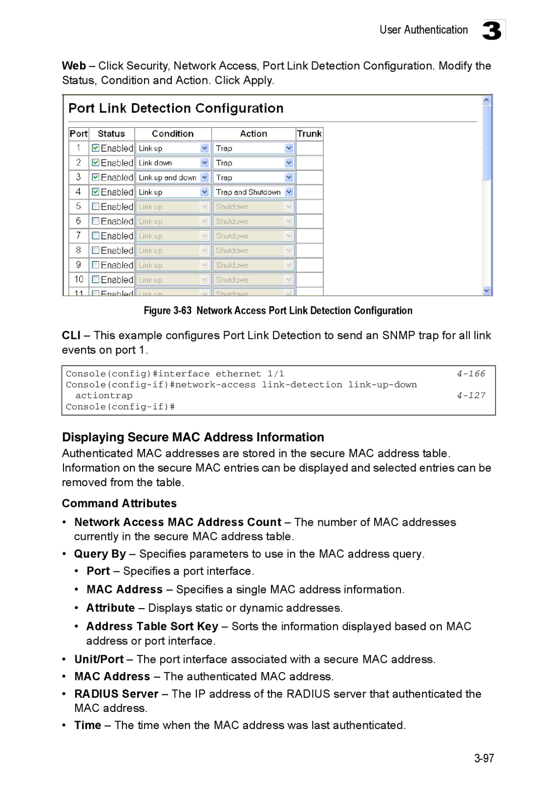 Accton Technology ES3528M-SFP Displaying Secure MAC Address Information, Network Access Port Link Detection Configuration 