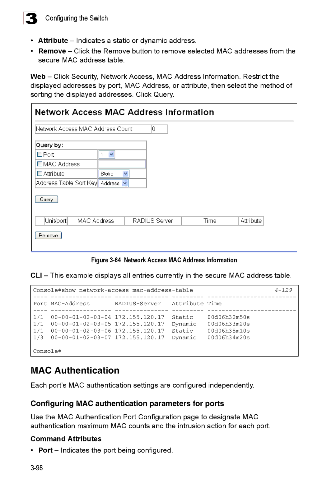 Accton Technology ES3528M-SFP manual MAC Authentication, Configuring MAC authentication parameters for ports, 129 