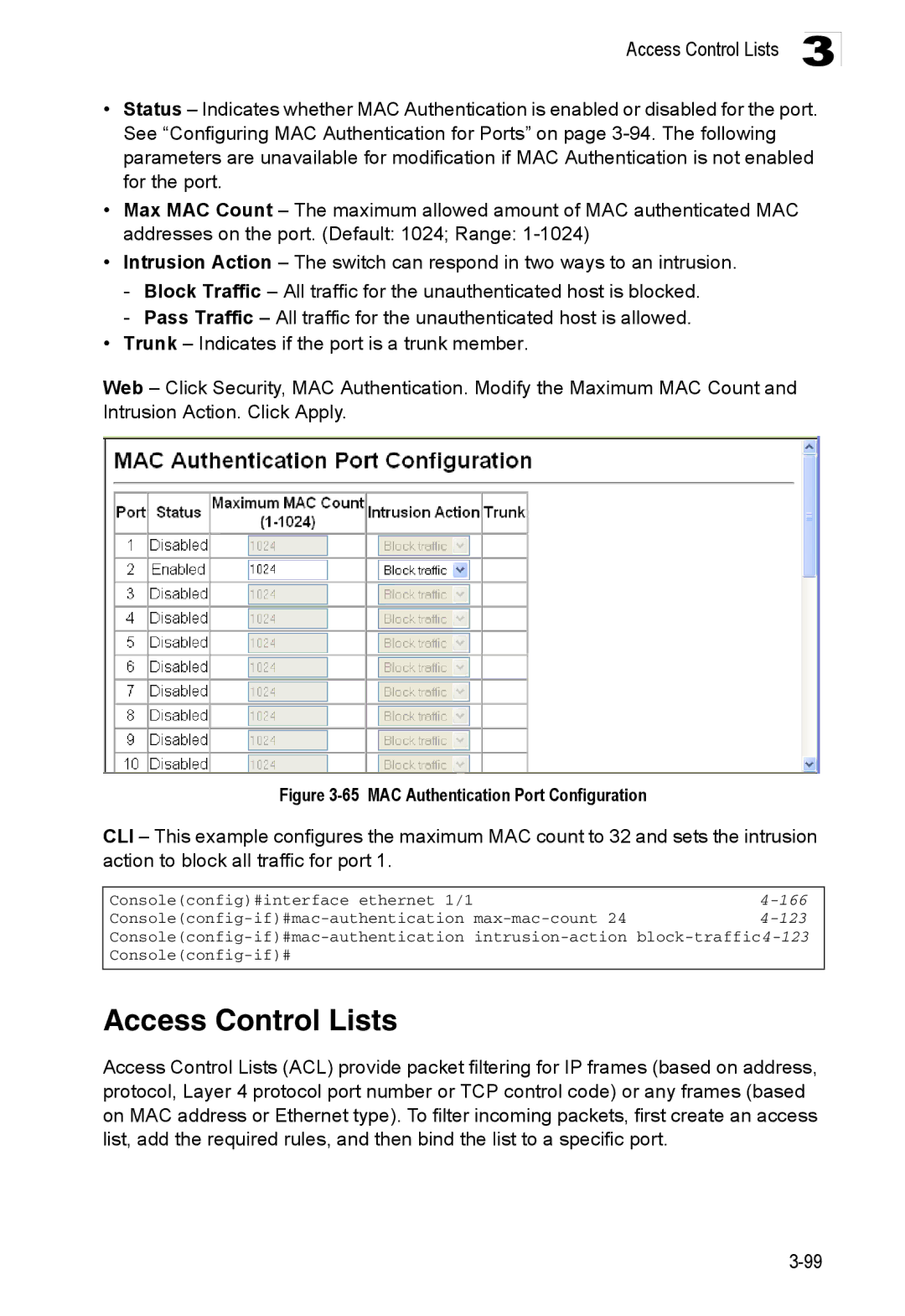 Accton Technology ES3528M-SFP manual Access Control Lists, 123 