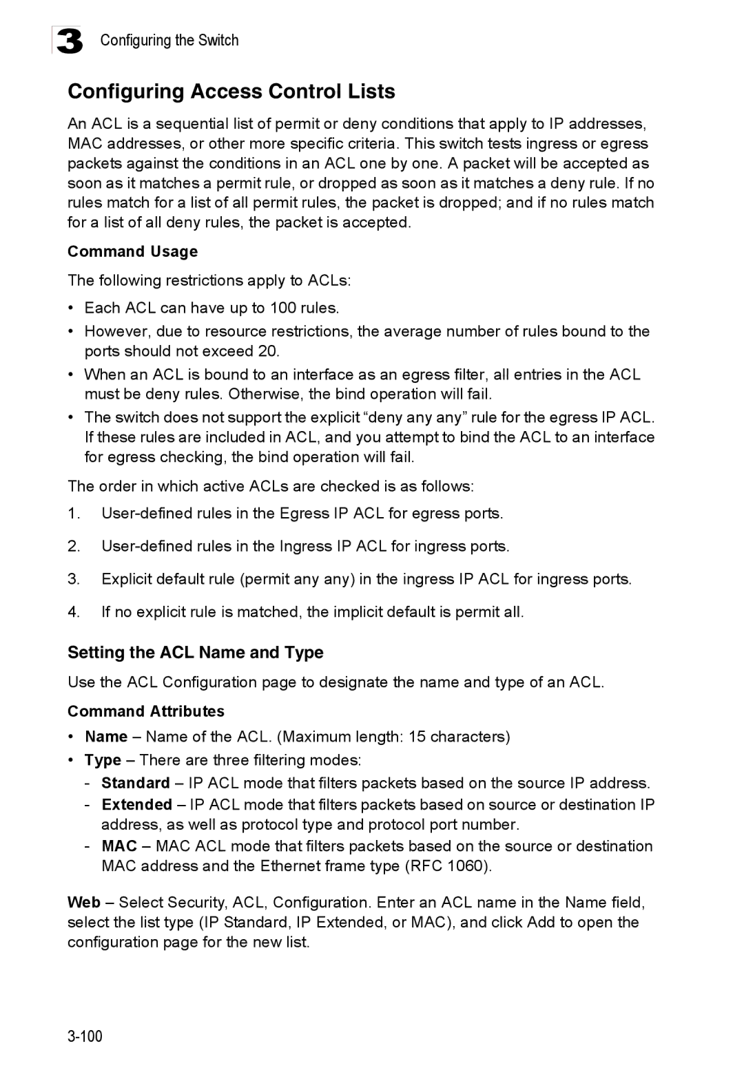 Accton Technology ES3528M-SFP manual Configuring Access Control Lists, Setting the ACL Name and Type 