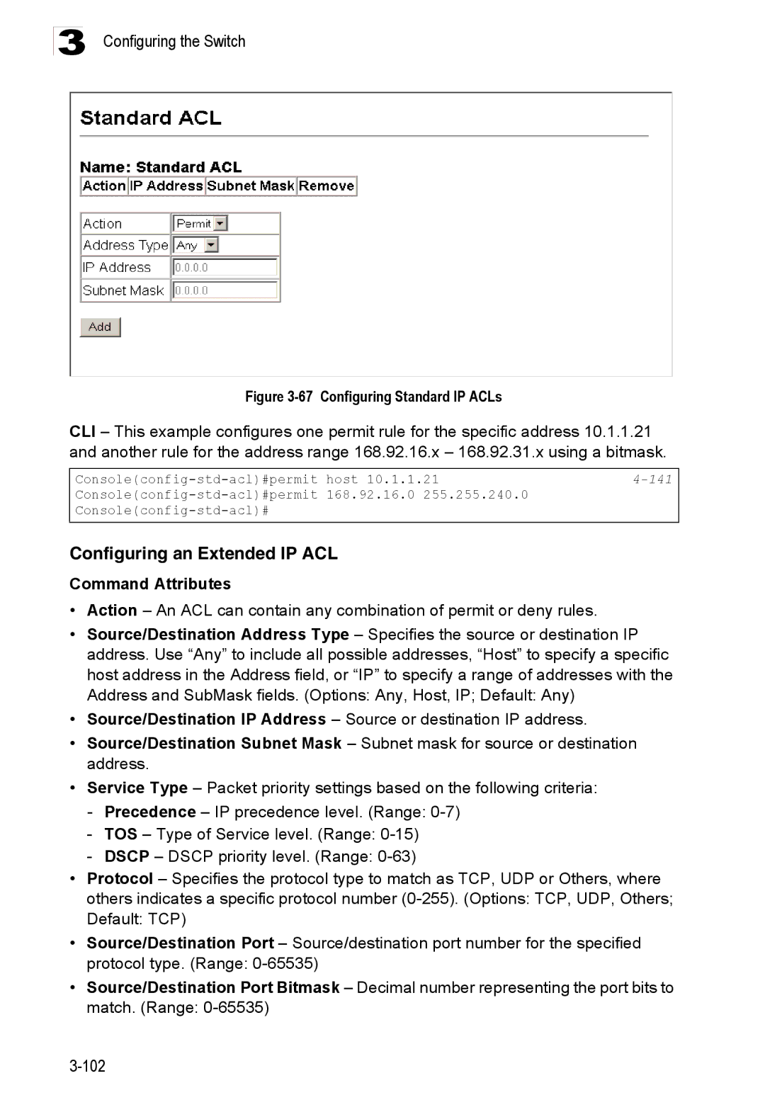 Accton Technology ES3528M-SFP manual Configuring an Extended IP ACL, 141 