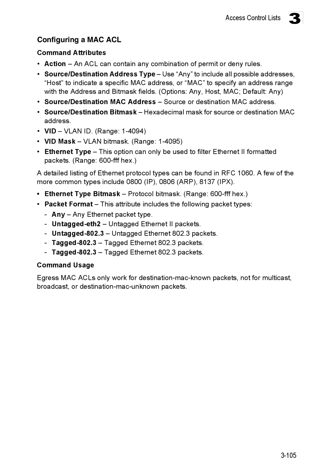 Accton Technology ES3528M-SFP manual Configuring a MAC ACL, Command Attributes 