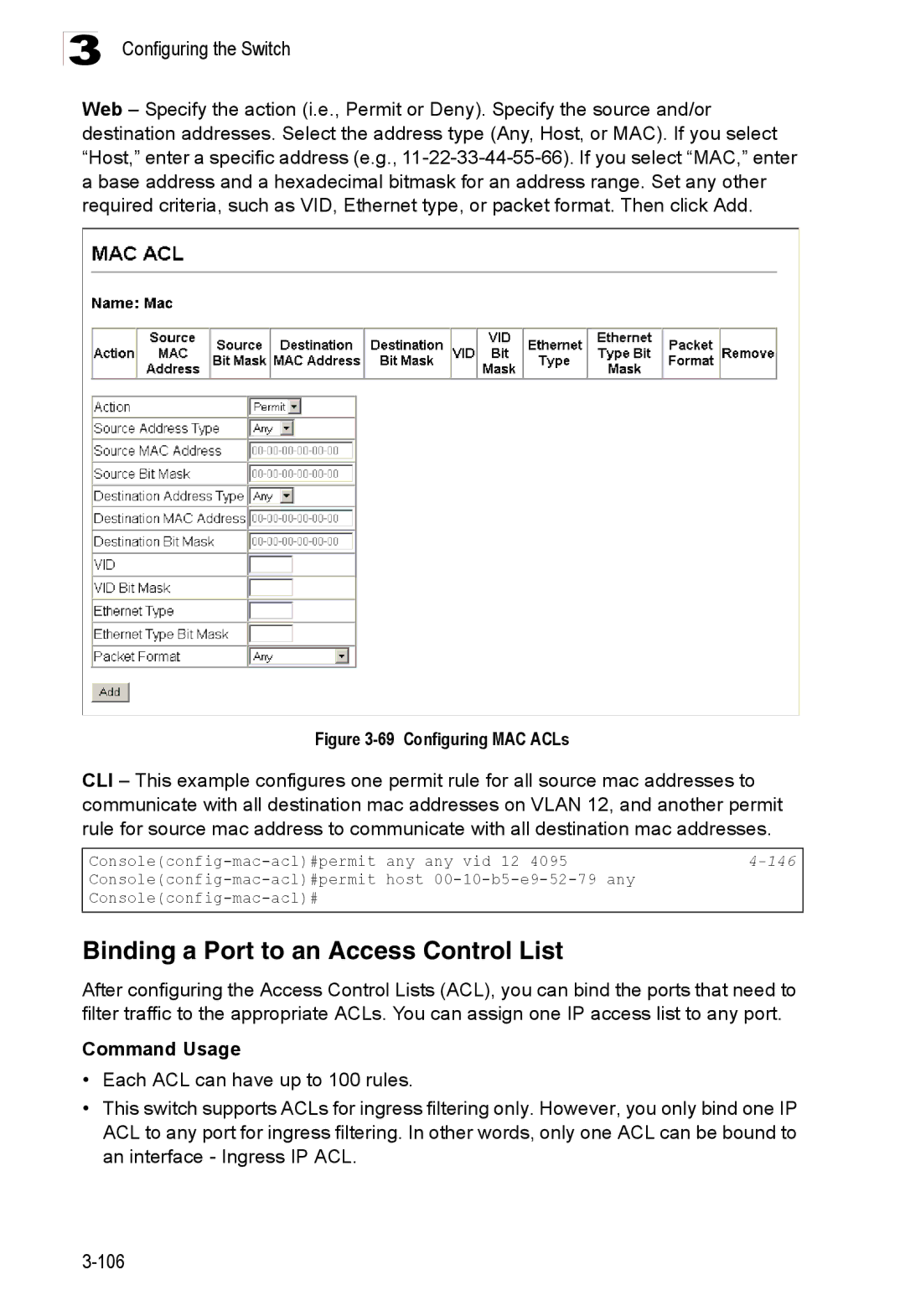 Accton Technology ES3528M-SFP manual Binding a Port to an Access Control List, 146 