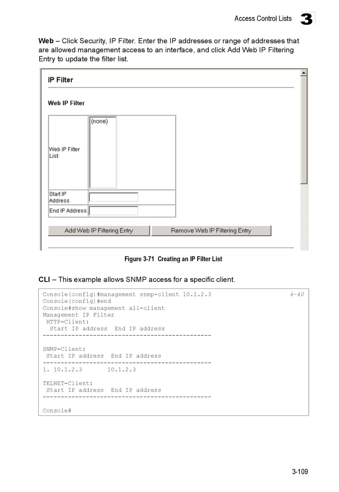 Accton Technology ES3528M-SFP manual Creating an IP Filter List, CLI This example allows Snmp access for a specific client 