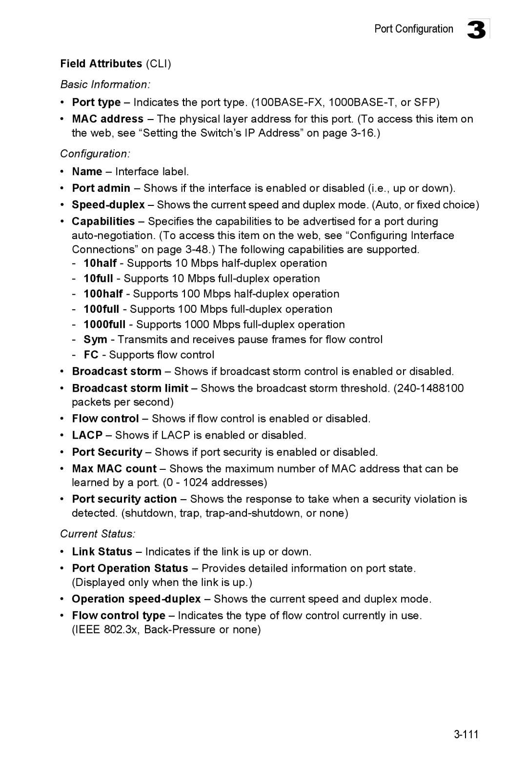 Accton Technology ES3528M-SFP manual Field Attributes CLI, Basic Information, Configuration, Current Status 