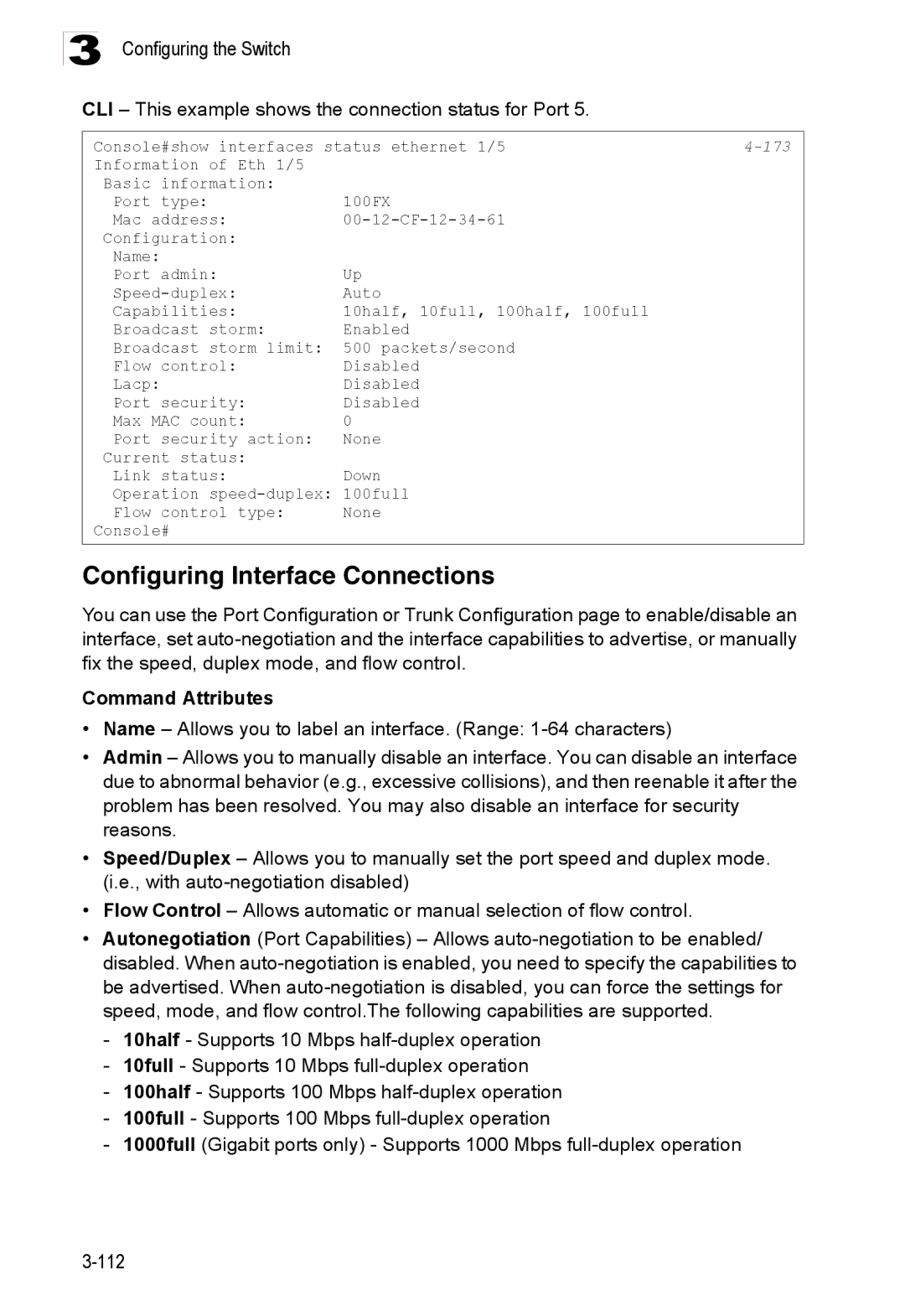 Accton Technology ES3528M-SFP Configuring Interface Connections, CLI This example shows the connection status for Port 