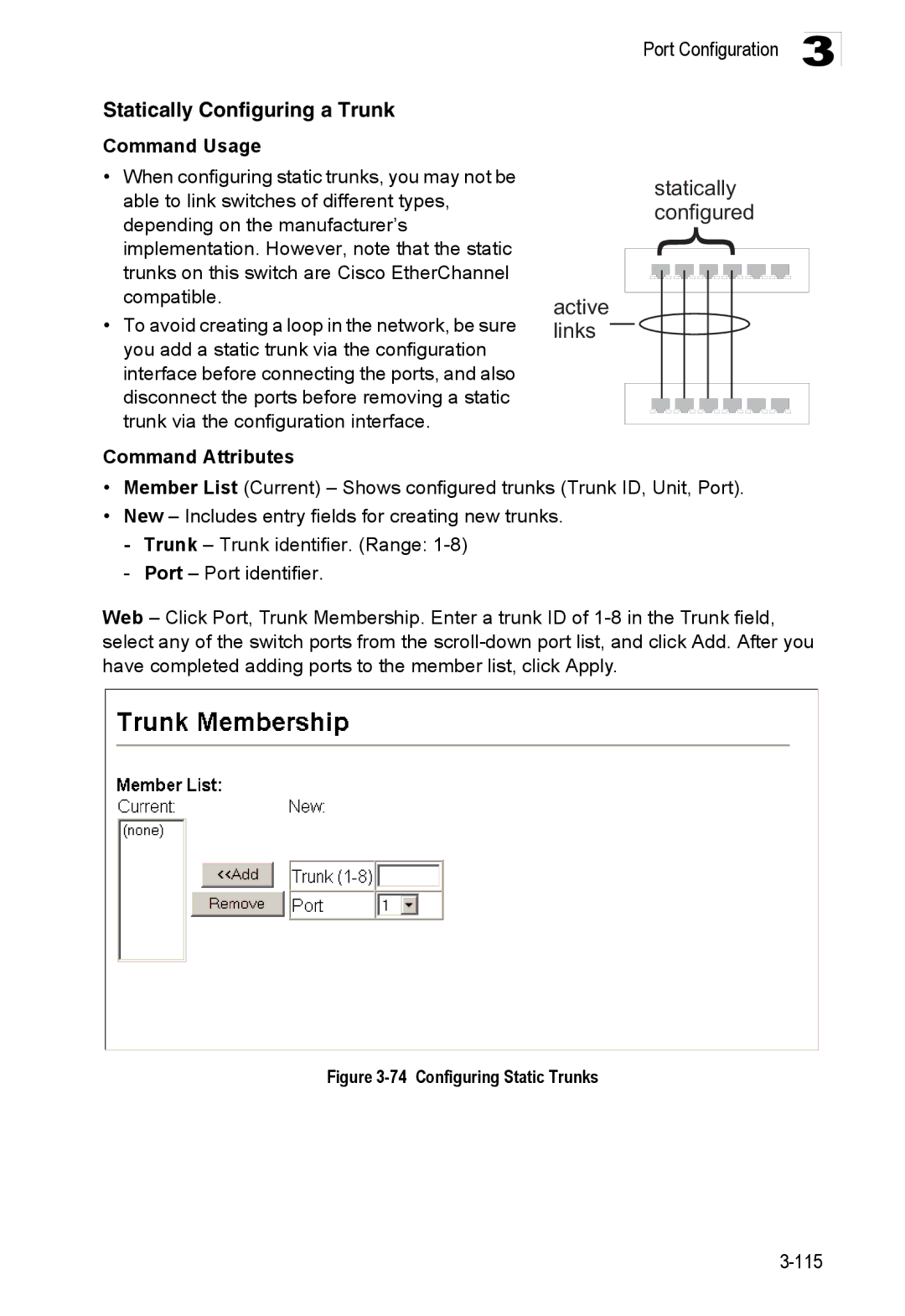 Accton Technology ES3528M-SFP manual Statically Configuring a Trunk, Configuring Static Trunks 