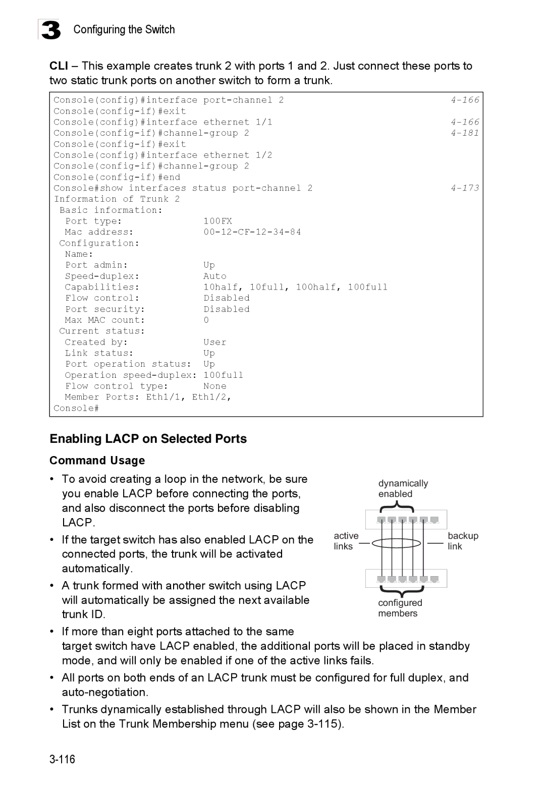 Accton Technology ES3528M-SFP manual Enabling Lacp on Selected Ports, 181 