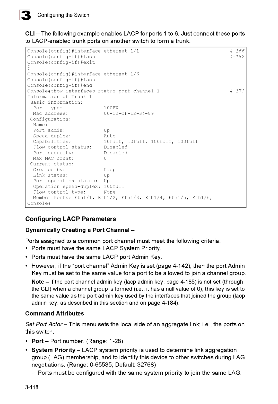 Accton Technology ES3528M-SFP manual Configuring Lacp Parameters, Dynamically Creating a Port Channel, 182 