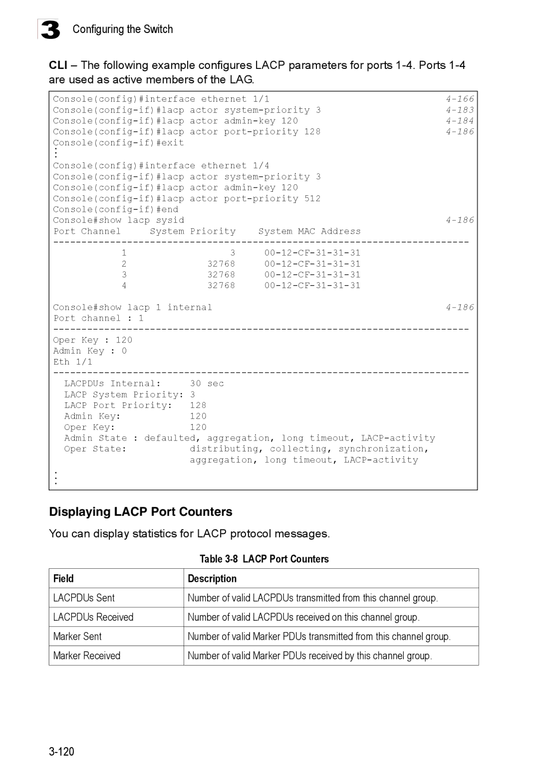 Accton Technology ES3528M-SFP manual Displaying Lacp Port Counters, You can display statistics for Lacp protocol messages 