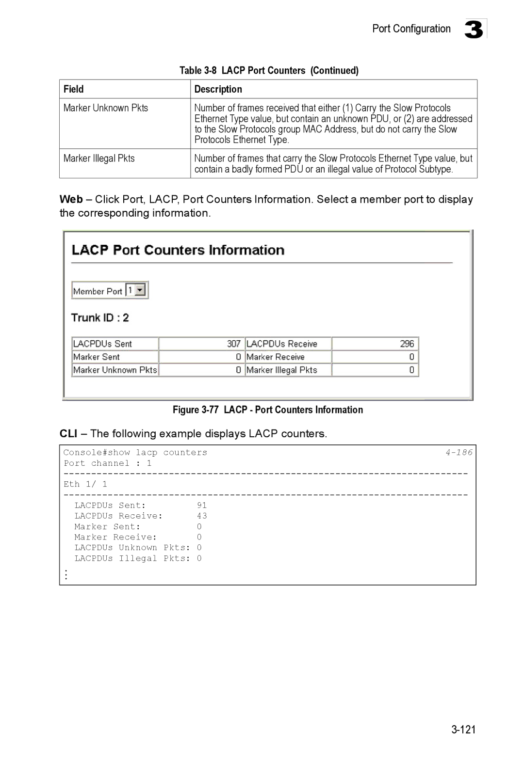 Accton Technology ES3528M-SFP manual Lacp Port Counters Information, CLI The following example displays Lacp counters 