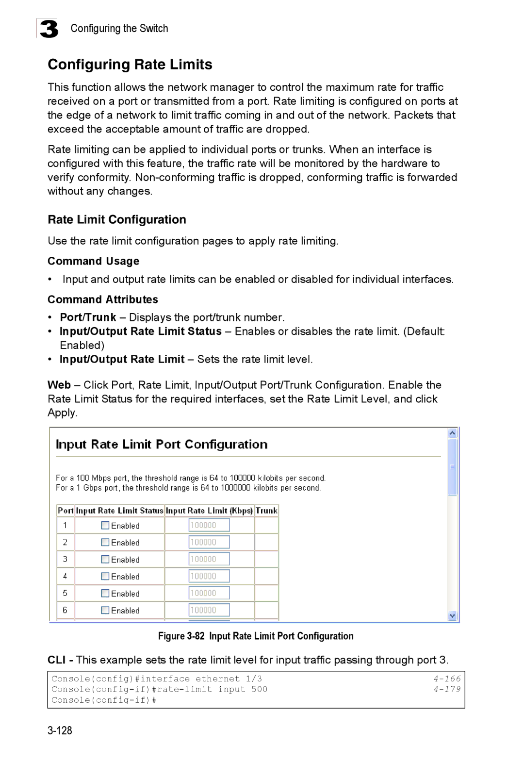 Accton Technology ES3528M-SFP manual Configuring Rate Limits, Rate Limit Configuration, 179 