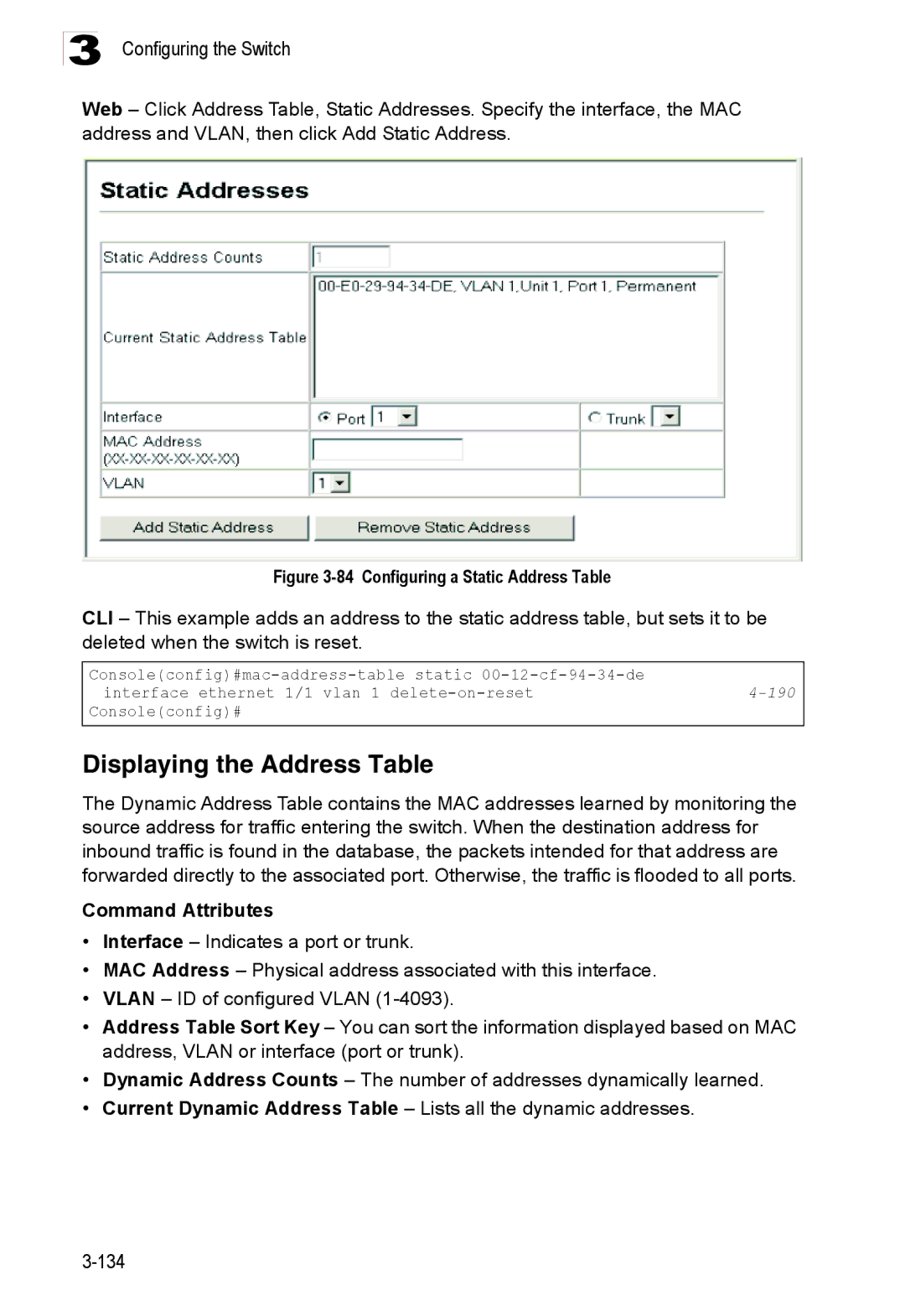 Accton Technology ES3528M-SFP manual Displaying the Address Table, 190 