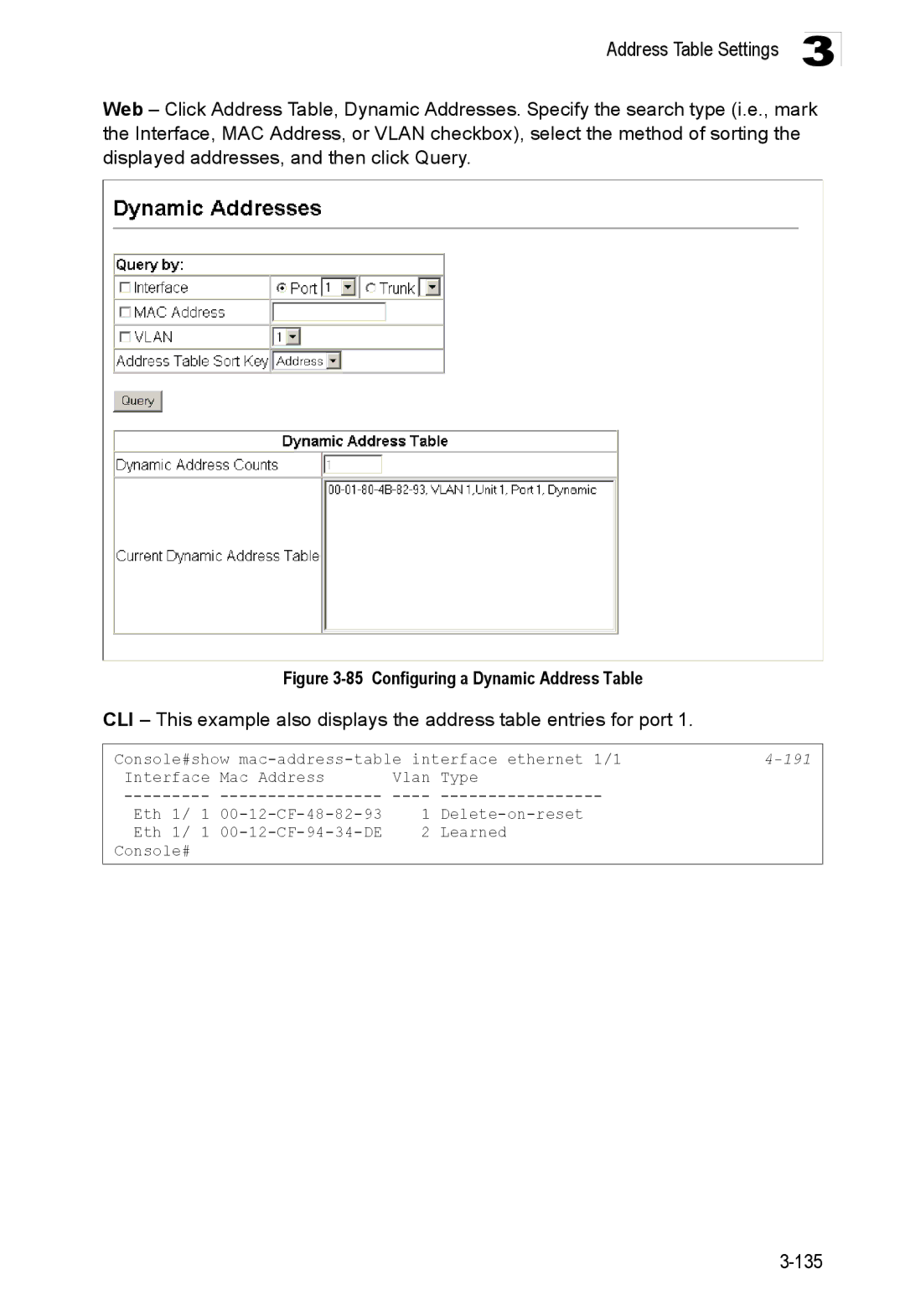 Accton Technology ES3528M-SFP manual Configuring a Dynamic Address Table, 191 