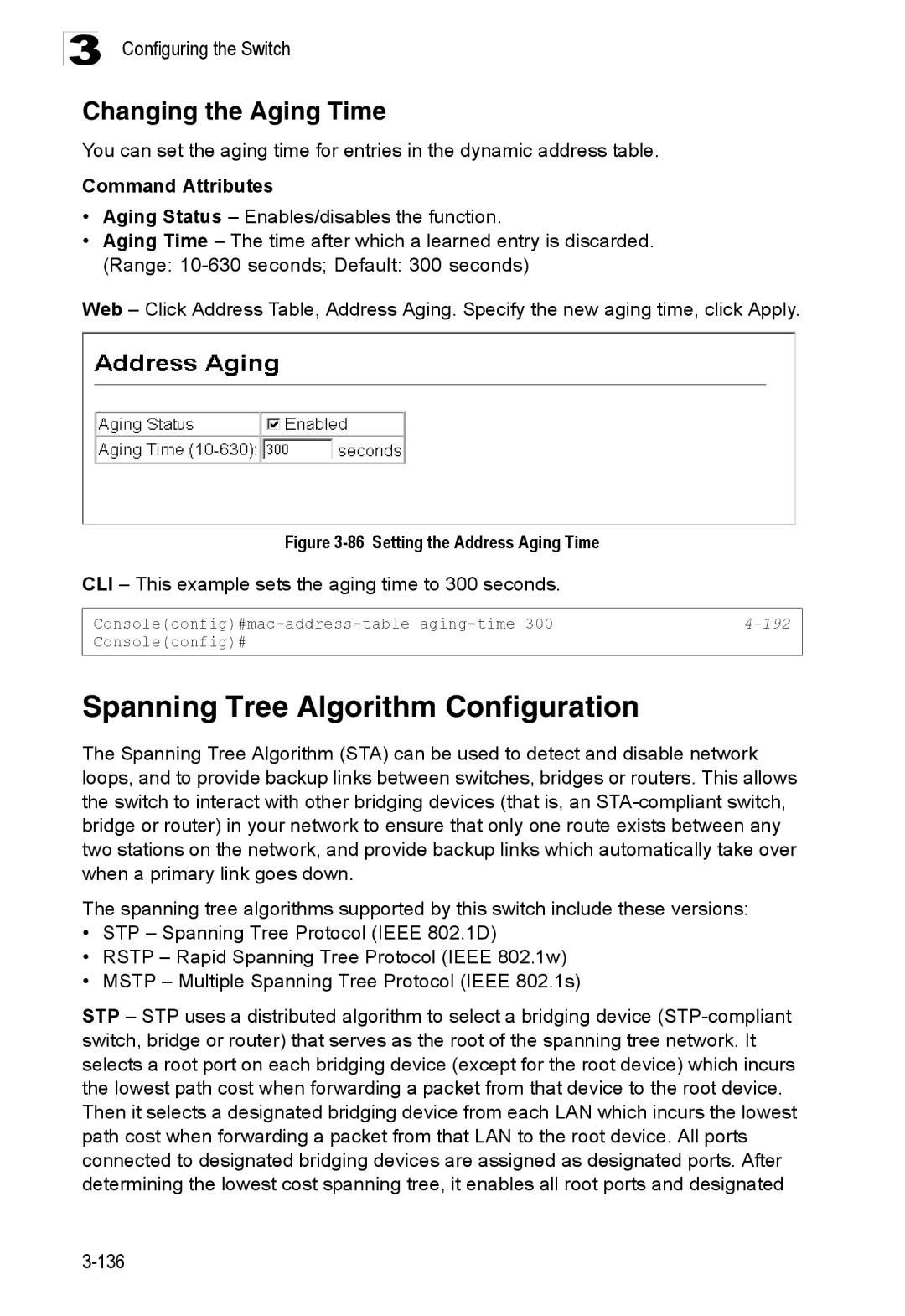 Accton Technology ES3528M-SFP manual Spanning Tree Algorithm Configuration, Changing the Aging Time, 192 