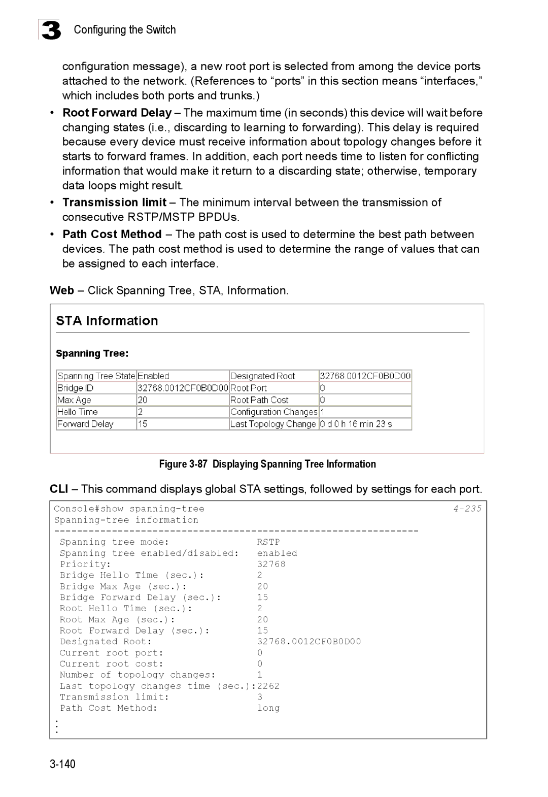 Accton Technology ES3528M-SFP manual Displaying Spanning Tree Information, 235 