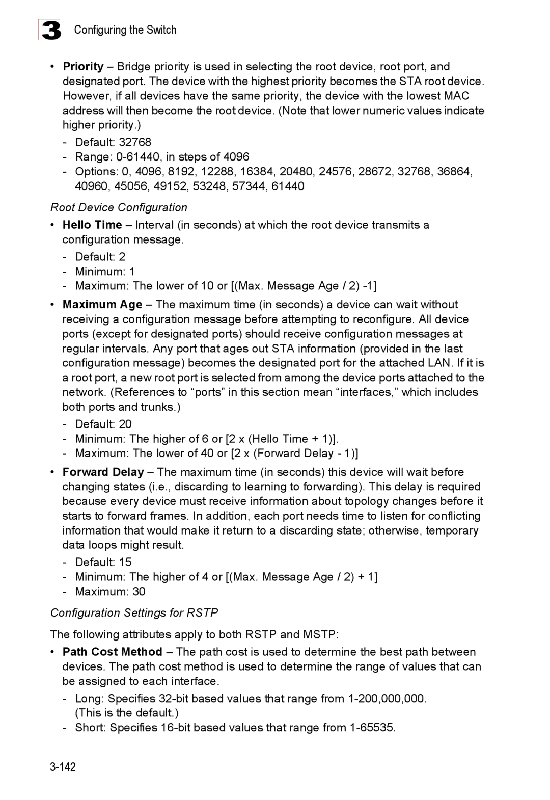 Accton Technology ES3528M-SFP manual Root Device Configuration, Configuration Settings for Rstp 