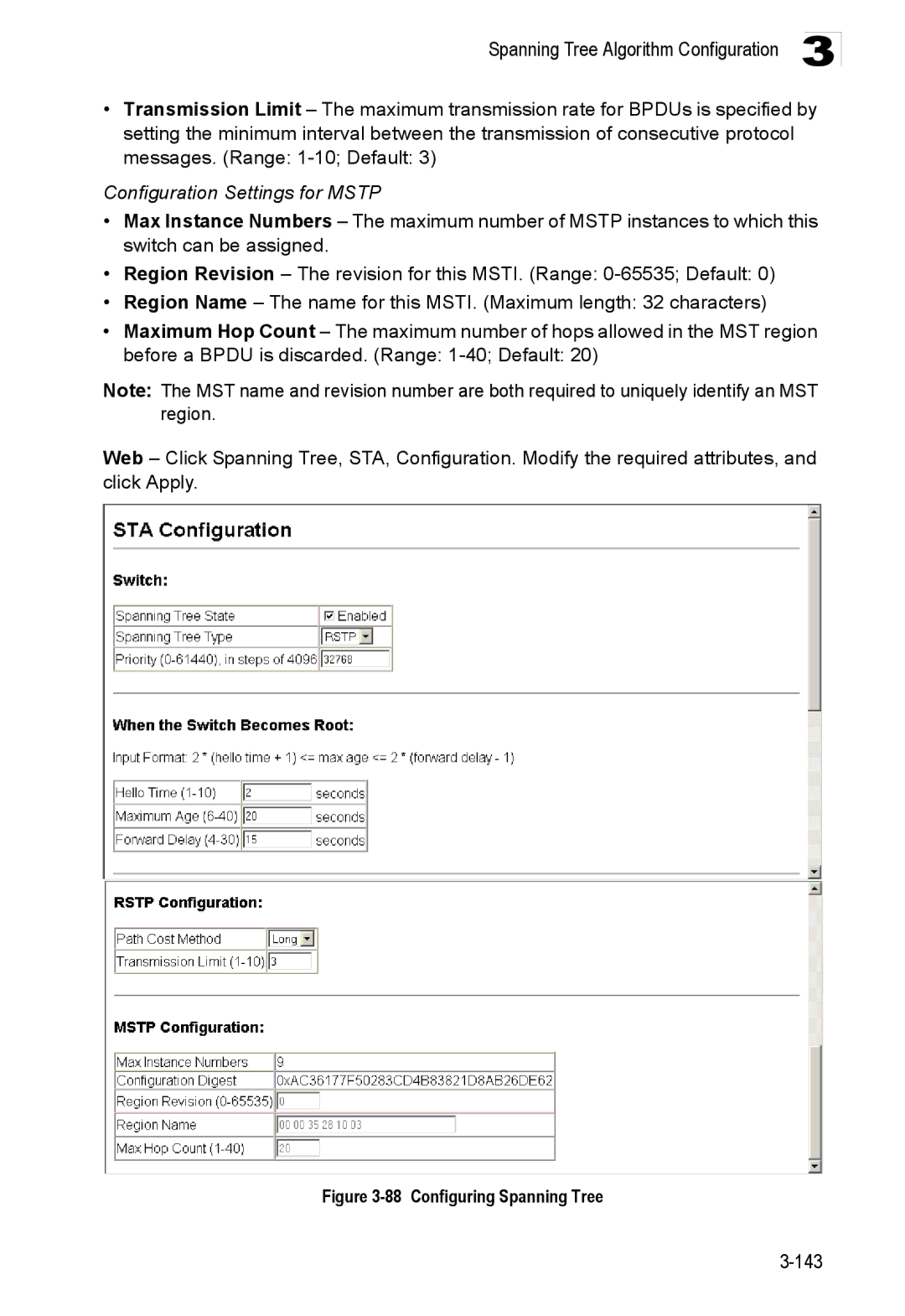 Accton Technology ES3528M-SFP manual Configuration Settings for Mstp, Configuring Spanning Tree 