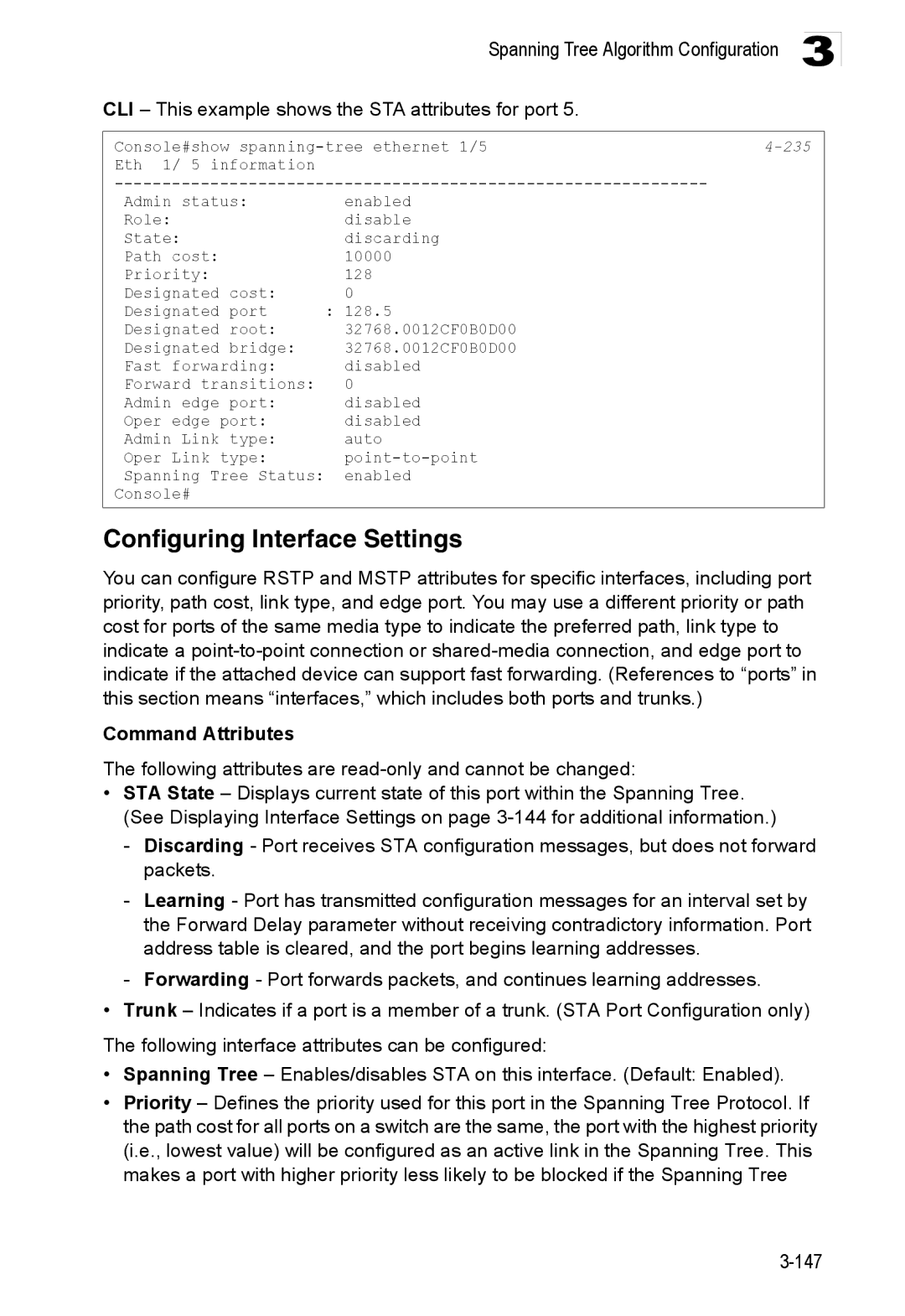 Accton Technology ES3528M-SFP manual Configuring Interface Settings, CLI This example shows the STA attributes for port 