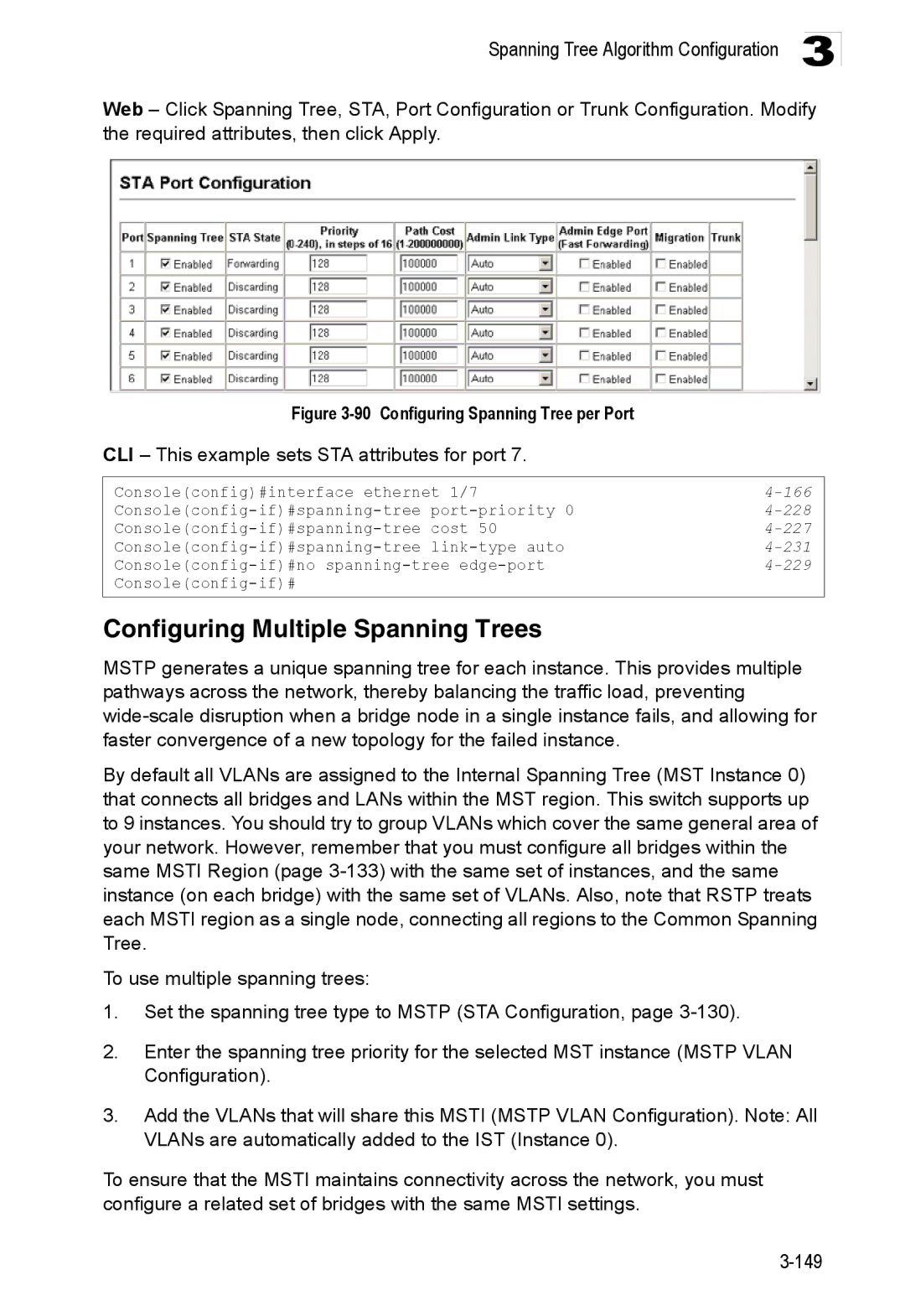 Accton Technology ES3528M-SFP manual Configuring Multiple Spanning Trees, CLI This example sets STA attributes for port 